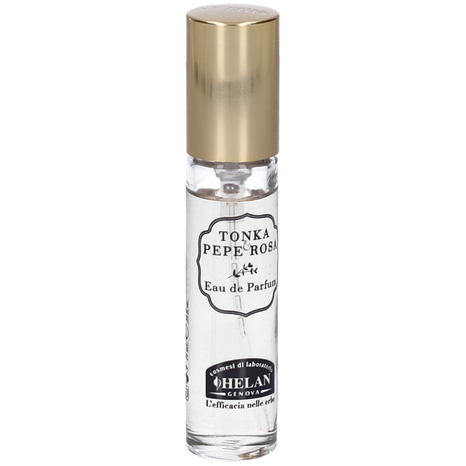 Flacone di profumo con tappo dorato. Scritta: TONKA PEPE ROSA Eau de Parfum. Marchio: HELAN.