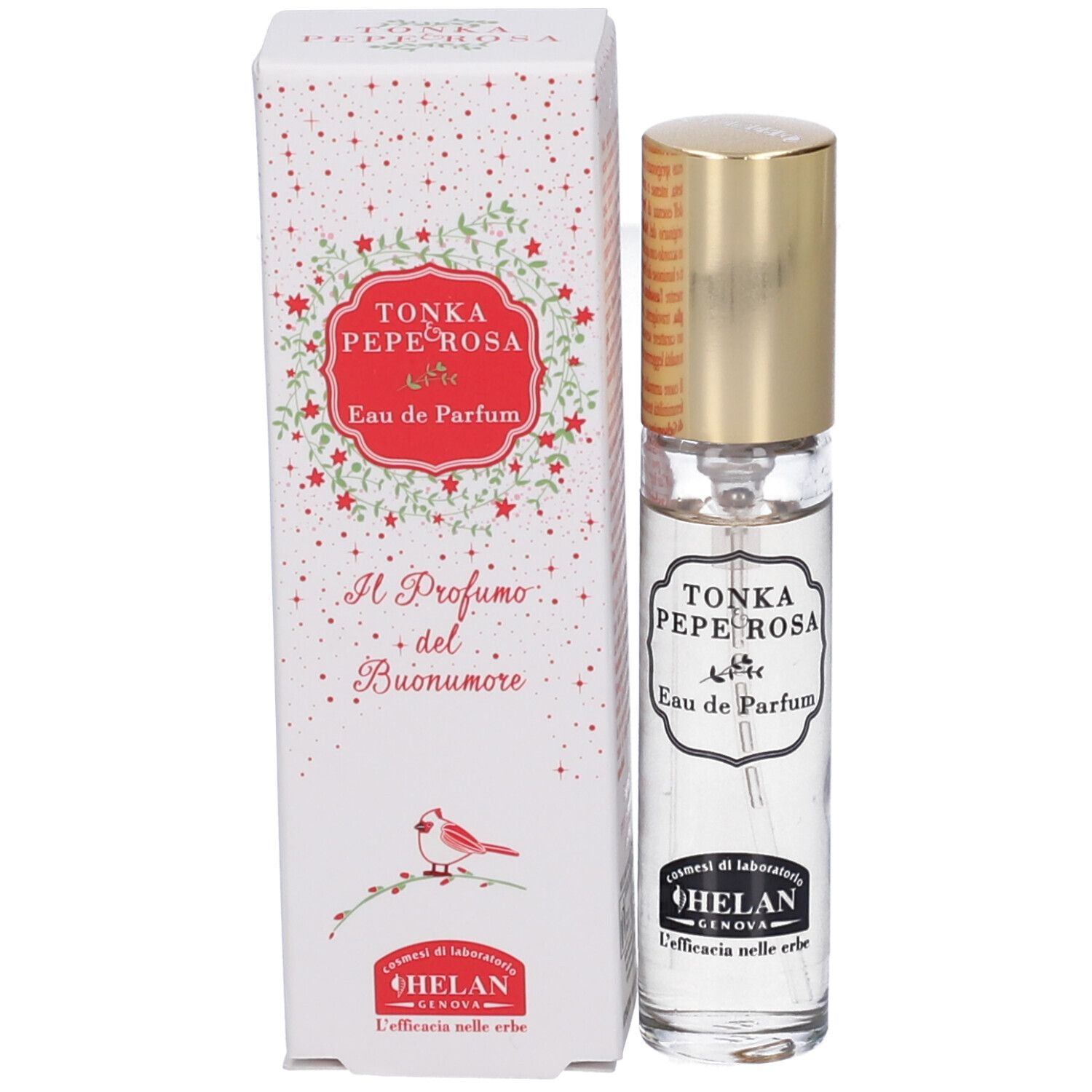 Flacone di profumo e confezione. Scritta: TONKA PEPE ROSA Eau de Parfum. Marchio: HELAN. Confezione con design floreale.