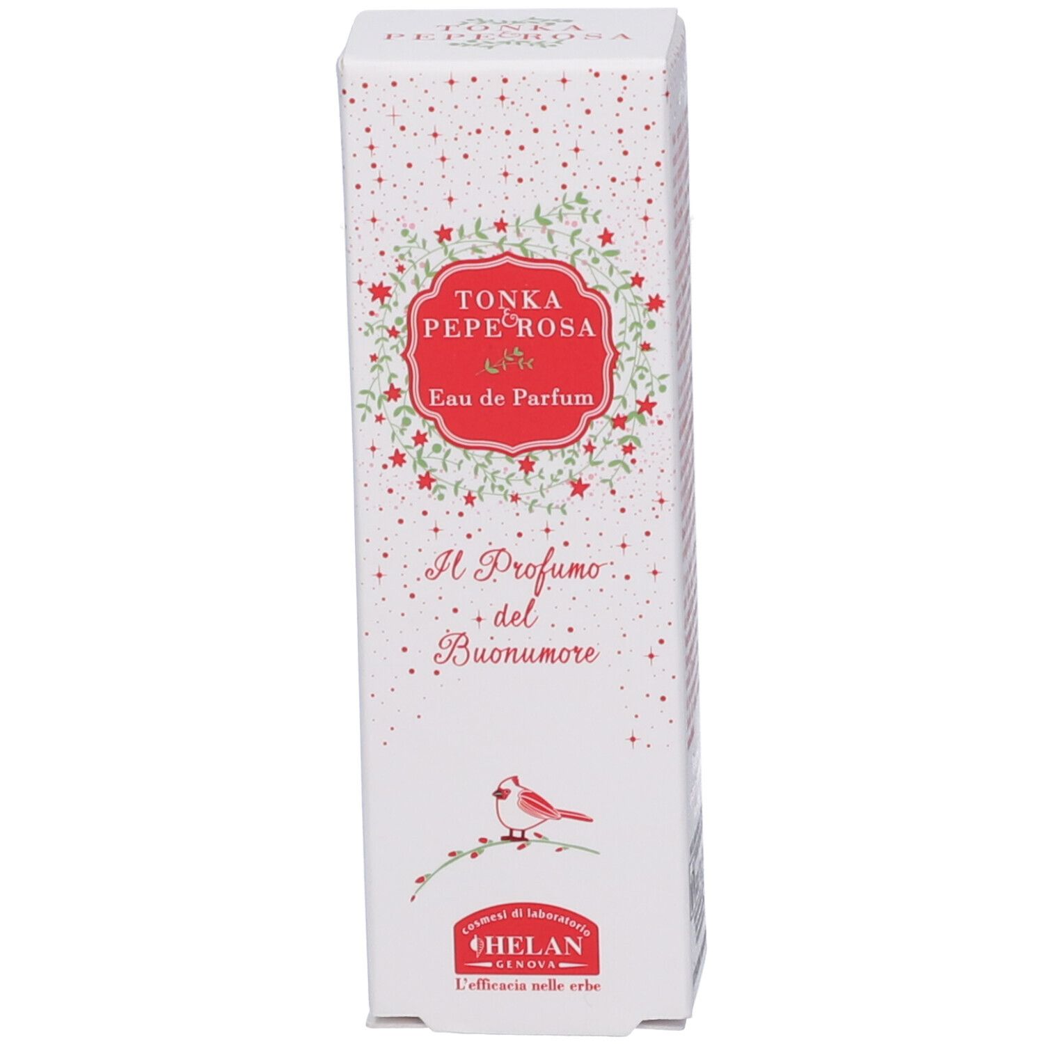 Confezione con design floreale. Scritta: TONKA PEPE ROSA Eau de Parfum. Marchio: HELAN. Testo: Il Profumo del Buonumore.