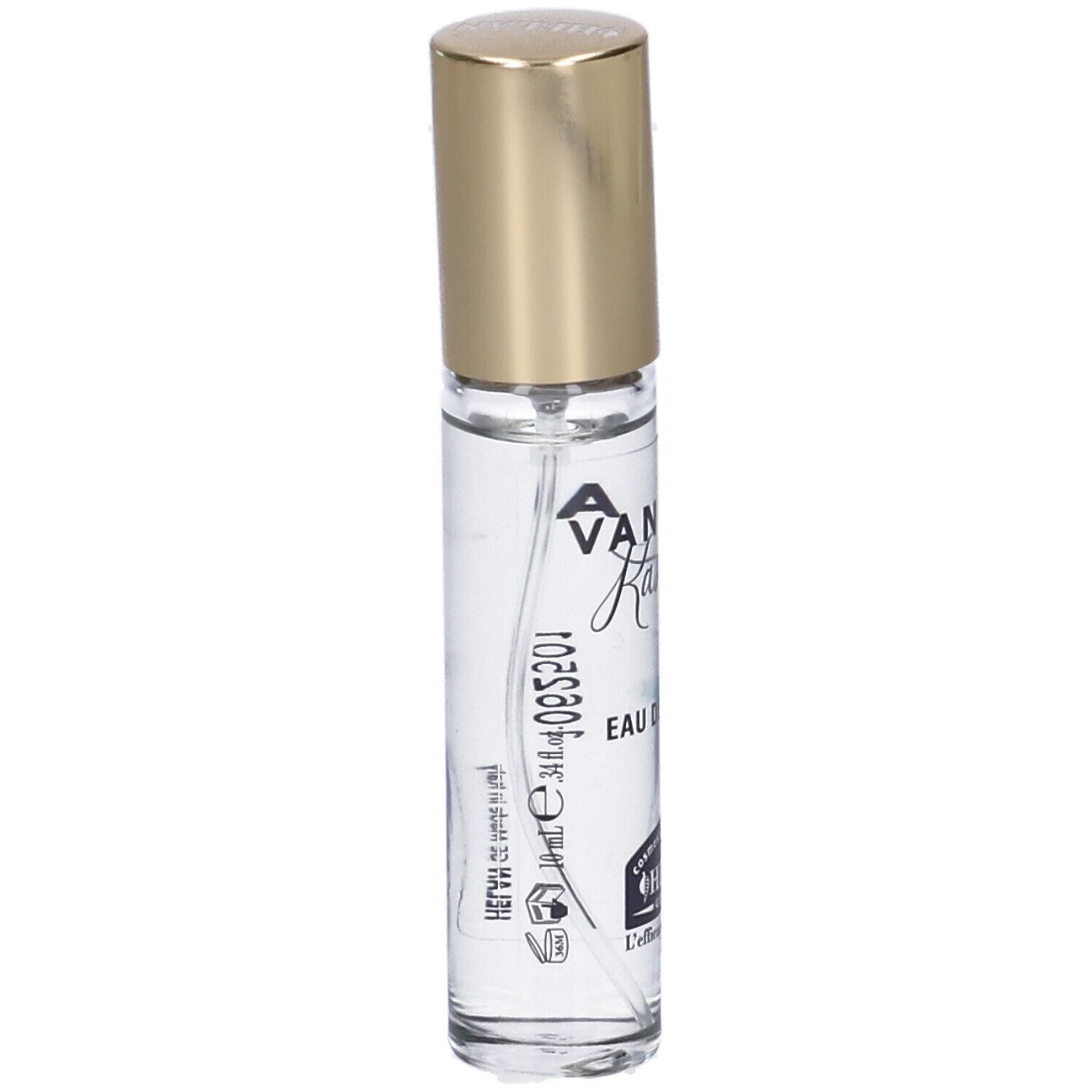 Flacone in vetro trasparente con tappo dorato. Scritta: VANIGLIA Kashmir, Eau de Parfum. Marchio: HELAN.