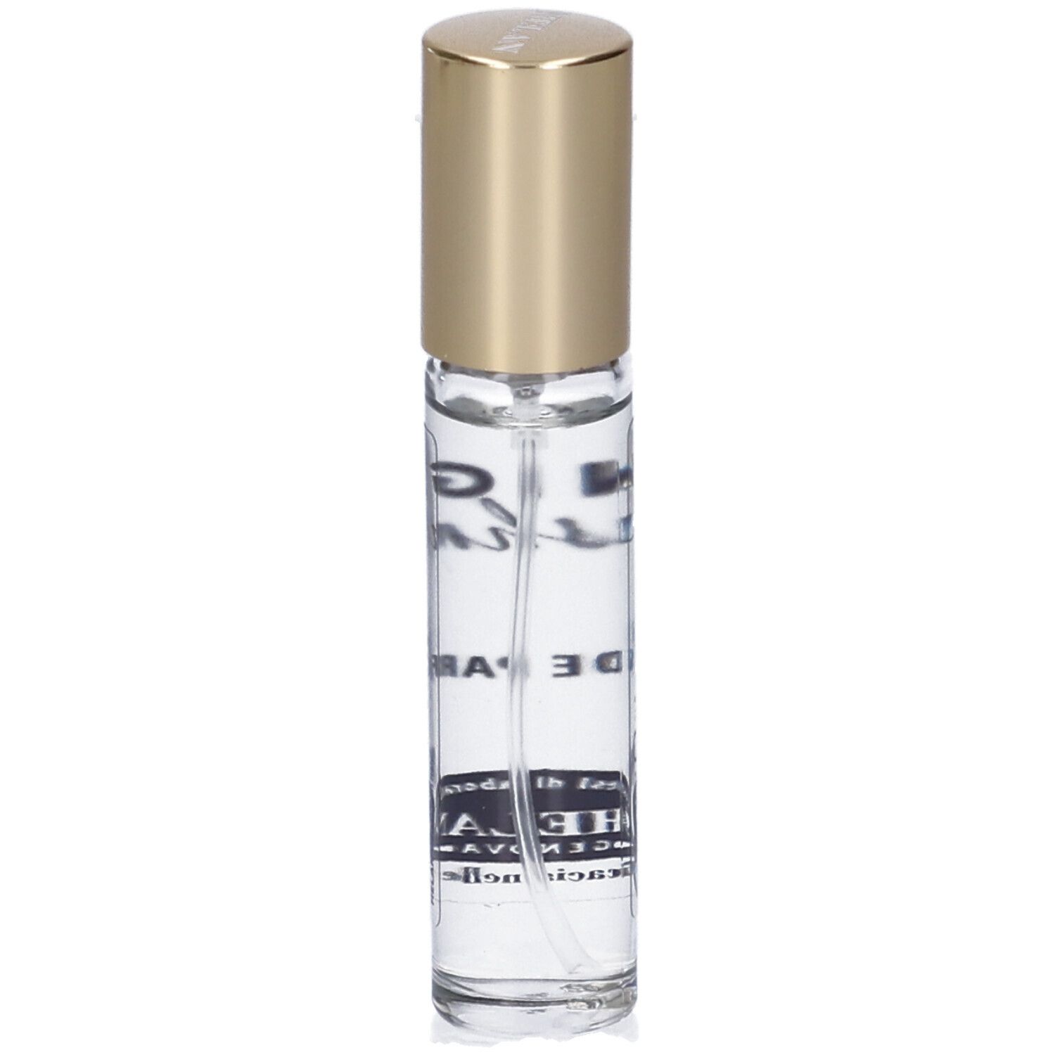 Flacone in vetro trasparente con tappo dorato. Scritta: VANIGLIA Kashmir, Eau de Parfum. Marchio: HELAN.