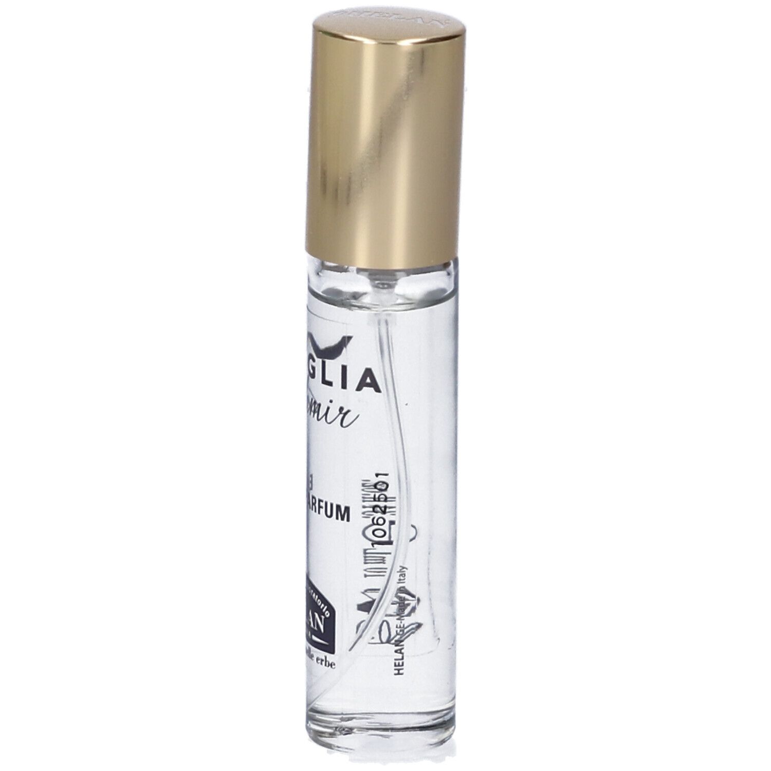 Flacone in vetro trasparente con tappo dorato. Scritta: VANIGLIA Kashmir, Eau de Parfum. Marchio: HELAN.