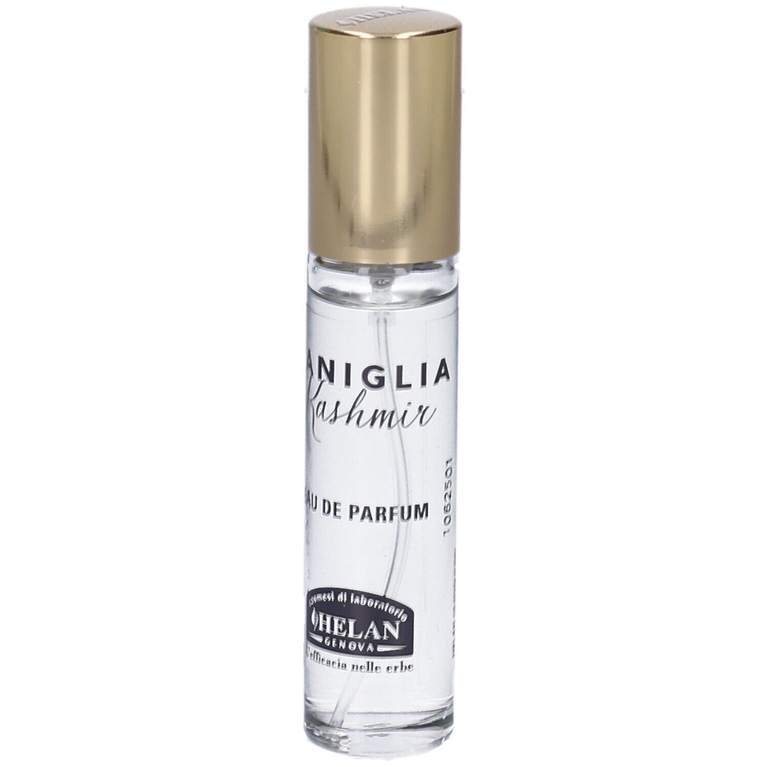Flacone in vetro trasparente con tappo dorato. Scritta: VANIGLIA Kashmir, Eau de Parfum. Marchio: HELAN.