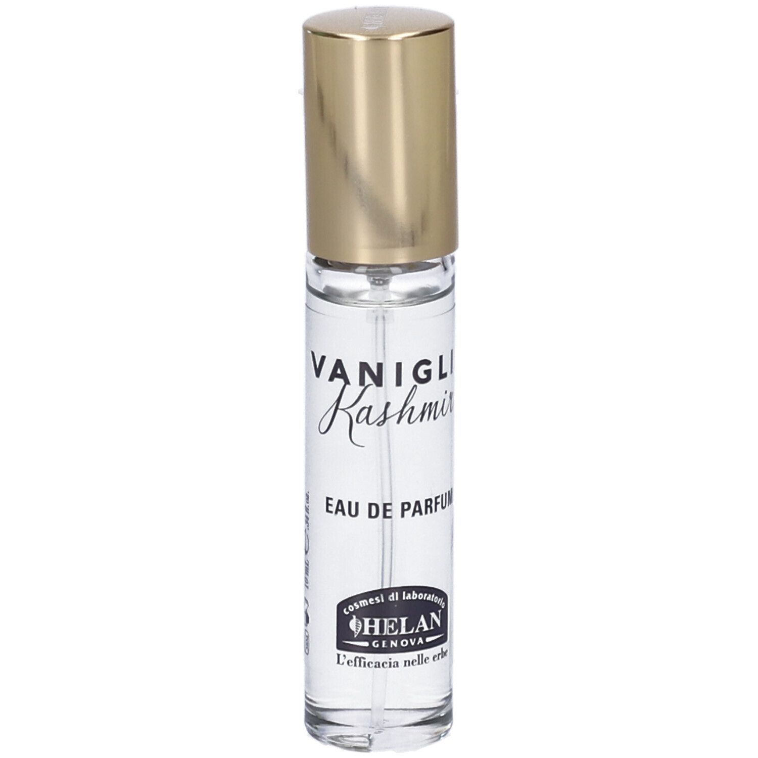Flacone in vetro trasparente con tappo dorato. Scritta: VANIGLIA Kashmir, Eau de Parfum. Marchio: HELAN.