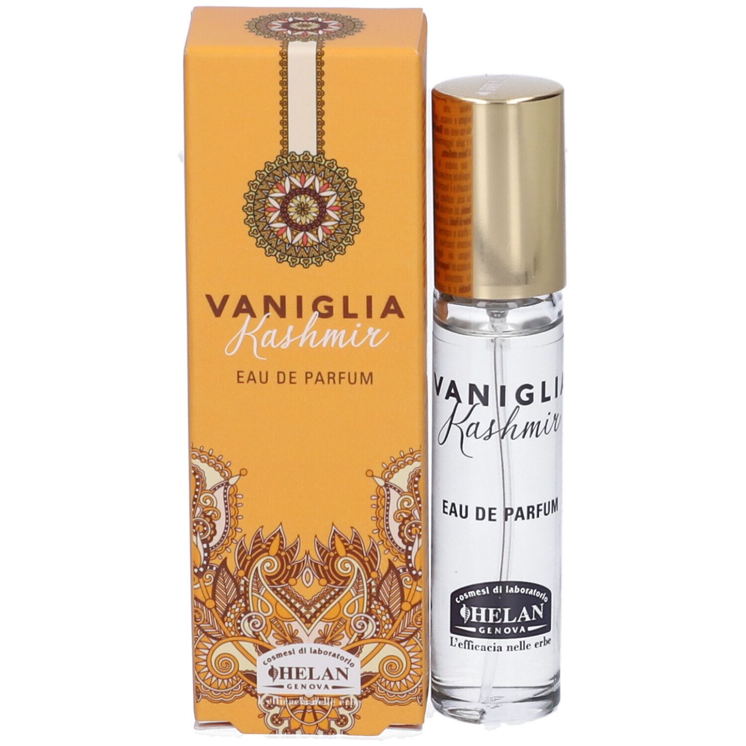 Flacone di profumo e confezione. Flacone: VANIGLIA Kashmir, Eau de Parfum. Confezione: Gialla, motivi, scritta.