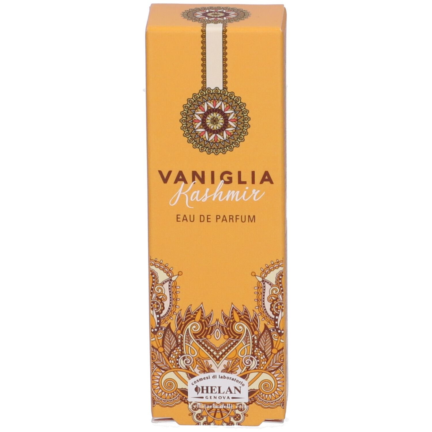 Confezione gialla con scritta: VANIGLIA Kashmir, Eau de Parfum. Marchio: HELAN. Motivi.