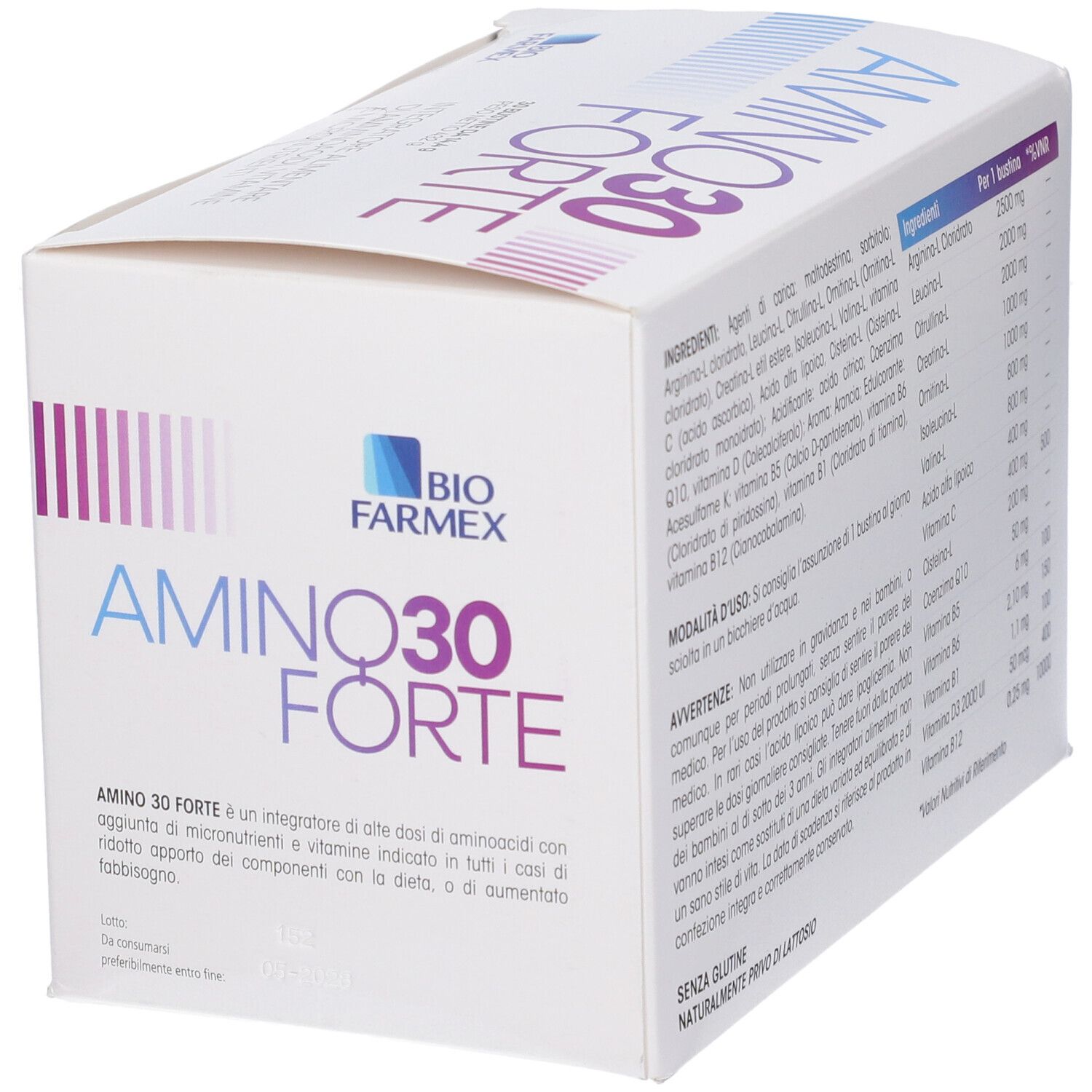 Confezione per AMINO30 FORTE di BIO FARMEX, un integratore alimentare.