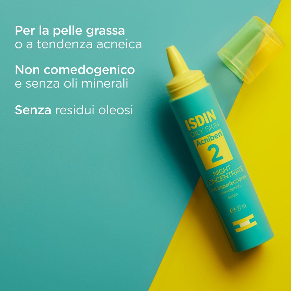 Flacone turchese con applicatore giallo. Scritta: ISDIN, Acniben 2, Night Concentrate. Su sfondo giallo e blu.
