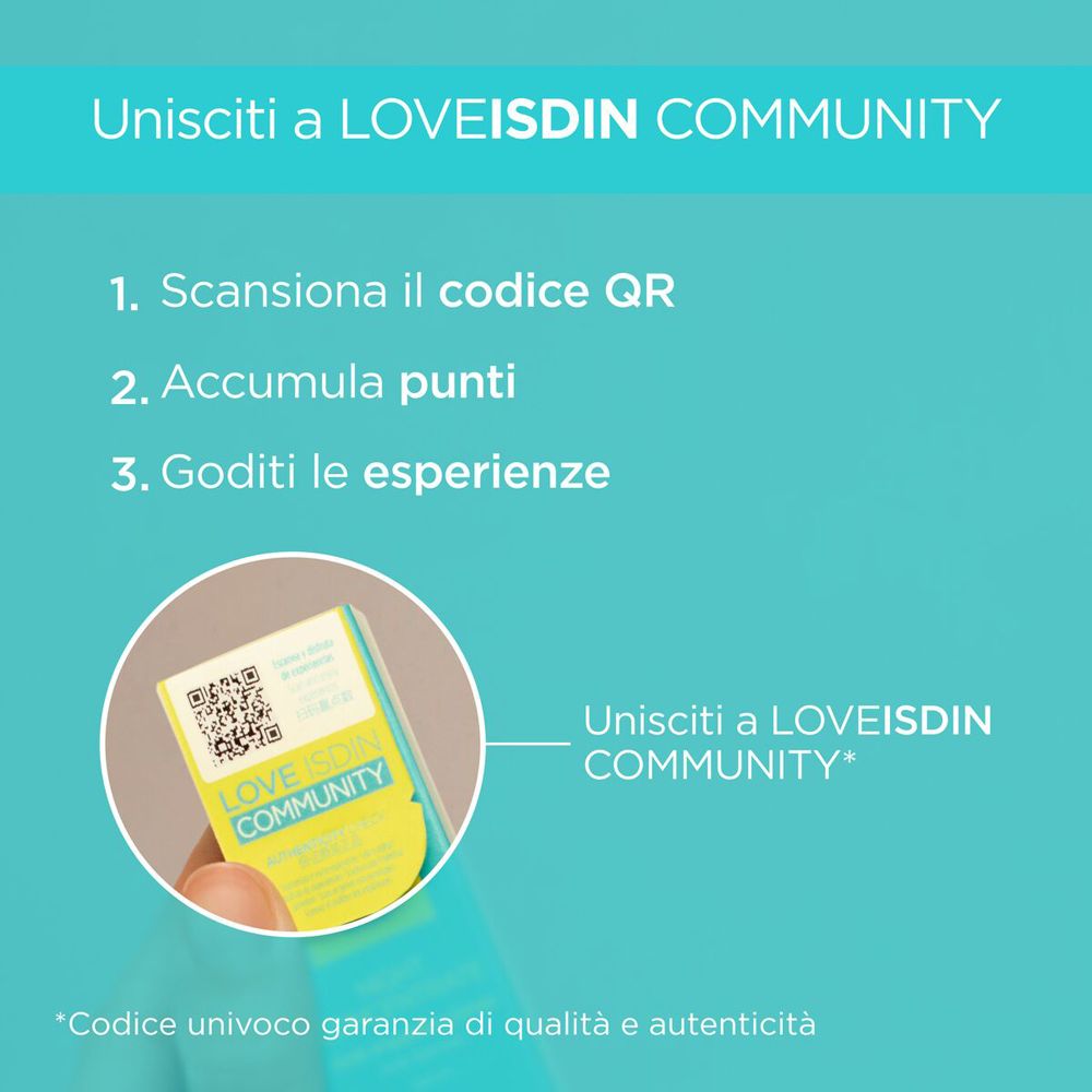 Carta con codice QR. Testo: Unisciti a LOVEISDIN COMMUNITY. Codice unico garanzia di qualità e autenticità.