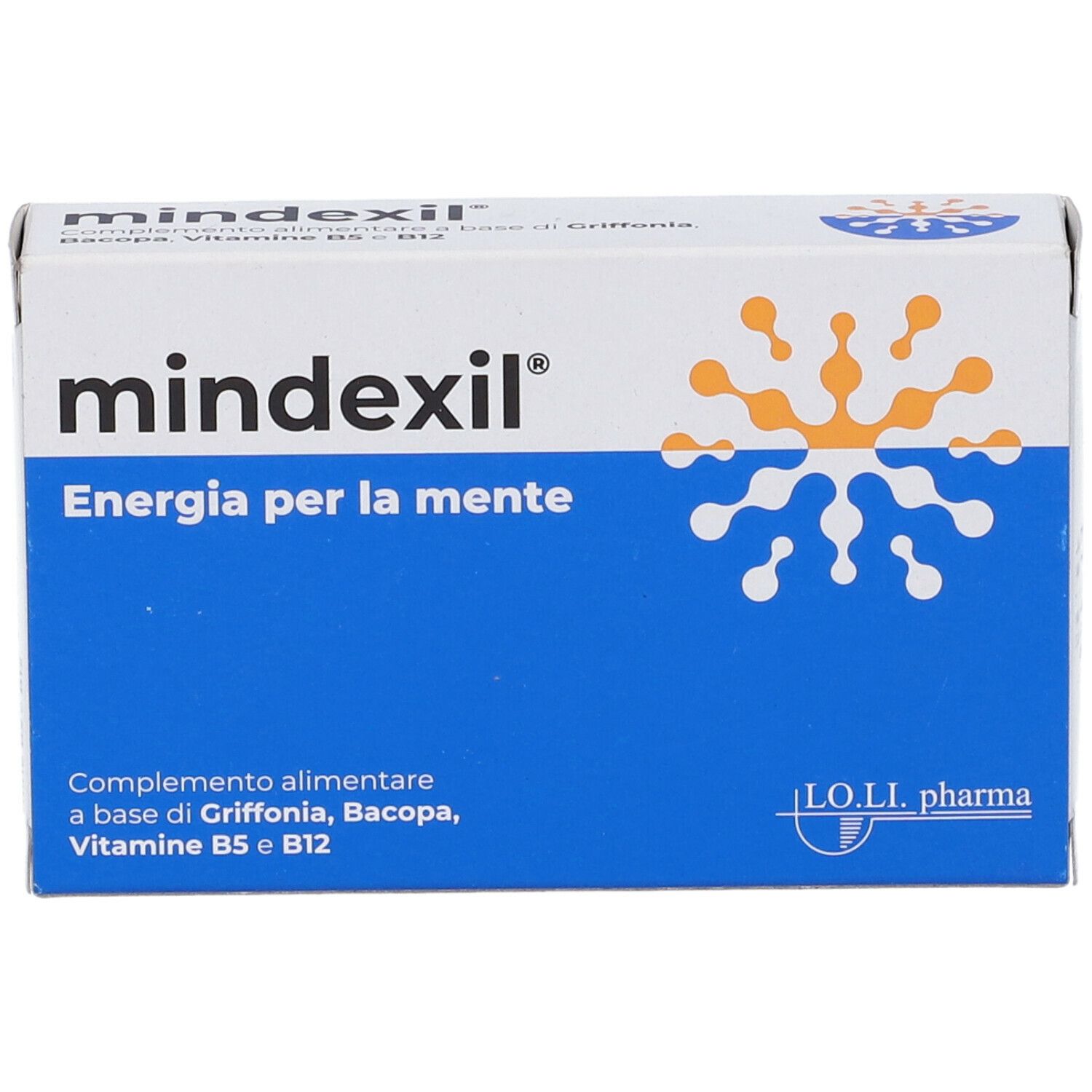 Scatola "mindexil" con "Energia per la mente" e ingredienti. Logo "L.O.LI. pharma" visibile.