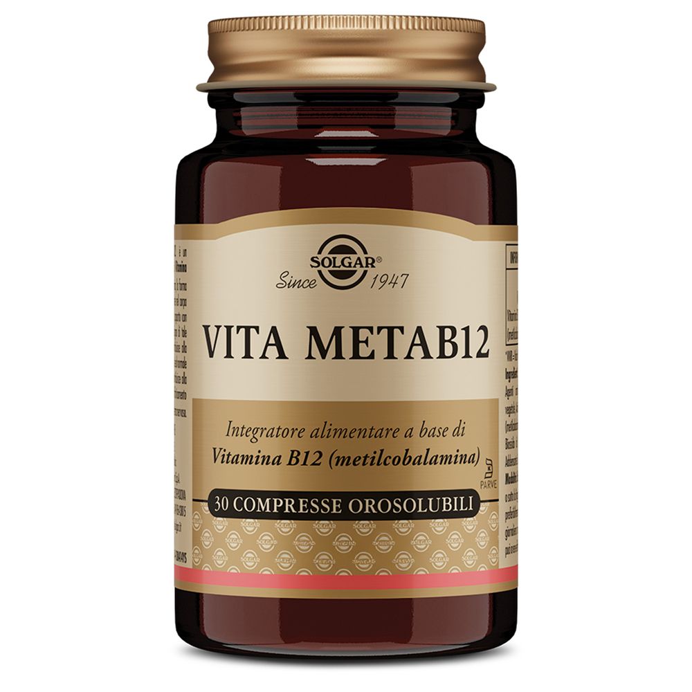 Flacone di vetro marrone con tappo dorato. Etichetta "SOLGAR Vita MetaB12". 30 compresse.