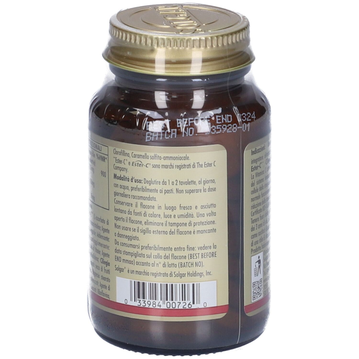 Retro di un flacone di vetro marrone. Etichetta con informazioni sul prodotto e numero di lotto.