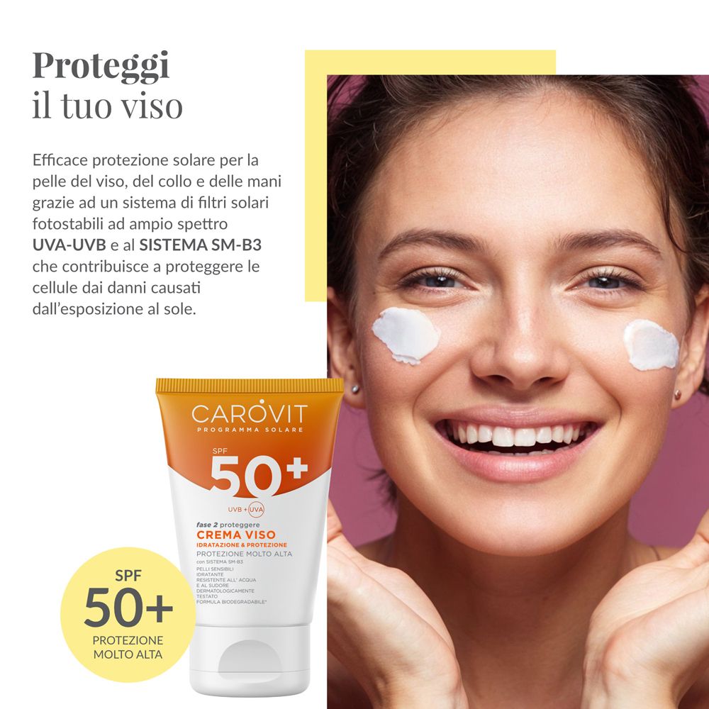 Donna con crema sul viso. Tubo Carovit SPF 50+. Testo: SPF 50+, Crema Viso, protezione.