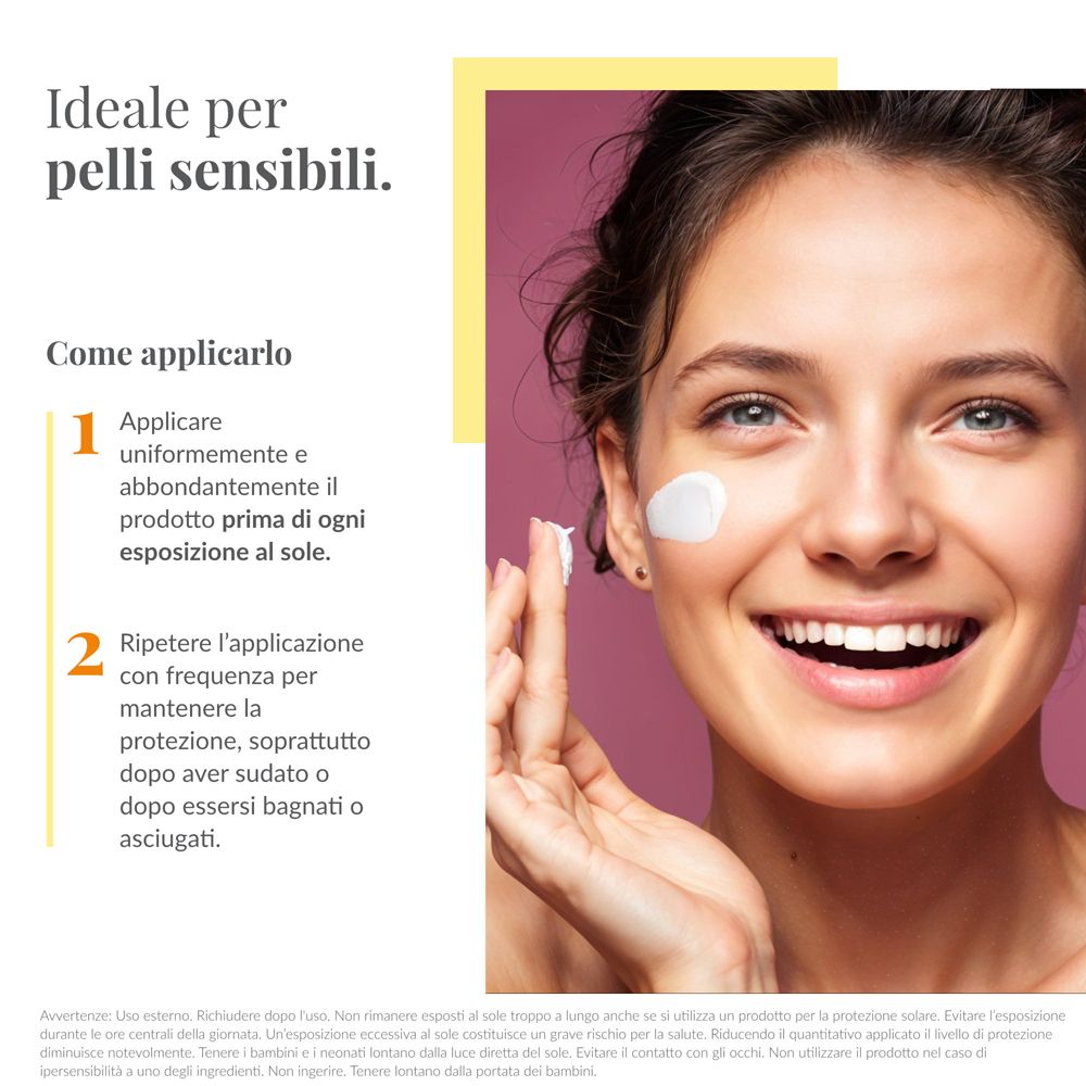 Donna con crema sul viso. Testo: Applicazione: Applicare uniformemente. Ripetere dopo sudore o bagno.
