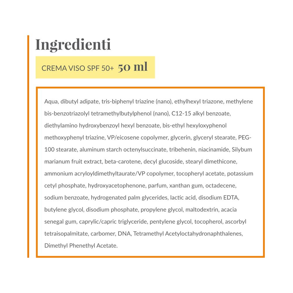Elenco ingredienti Crema Viso SPF 50+ 50 ml. Testo: Aqua, Dibutyl Adipate, etc.
