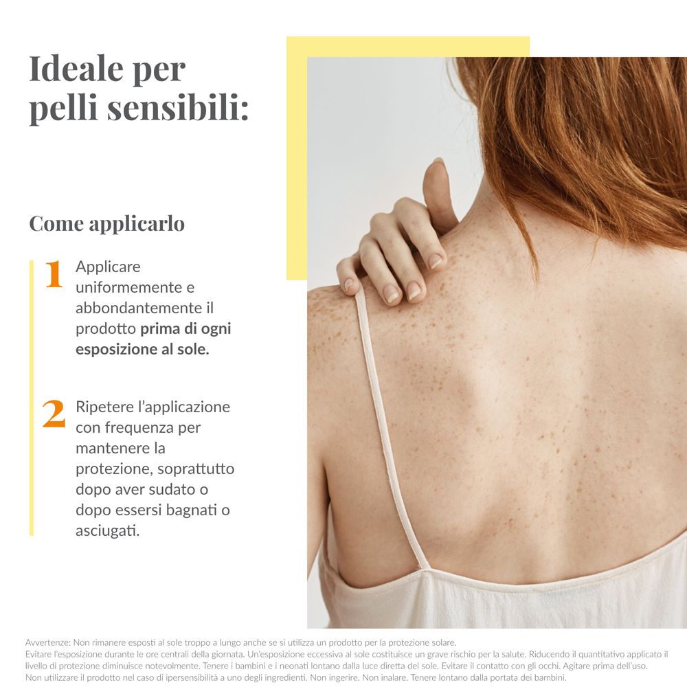 Spray CAROVIT SPF 50+. Istruzioni: Applicare uniformemente, ripetere frequentemente. Testo e illustrazioni.