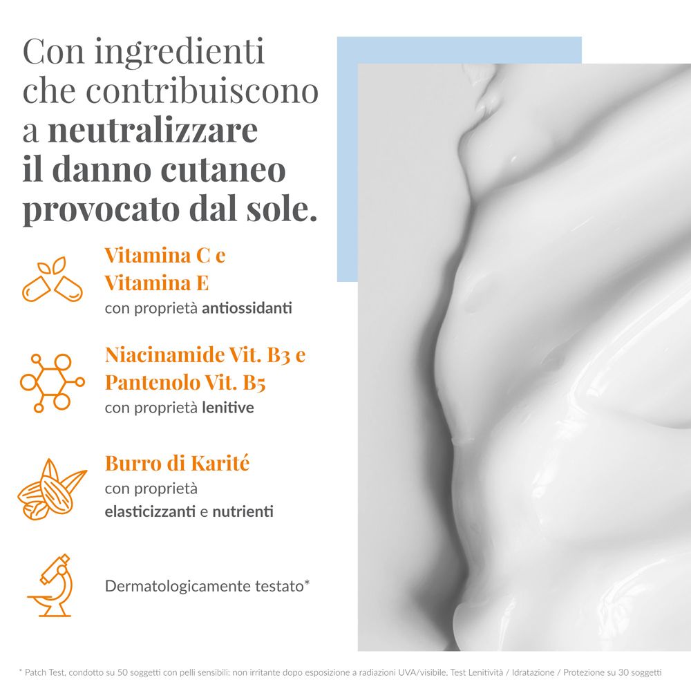 Primo piano della crema. Testo: Vitamina C & E, Niacinamide, Pantenolo, Burro di Karité. Dermatologicamente testato.