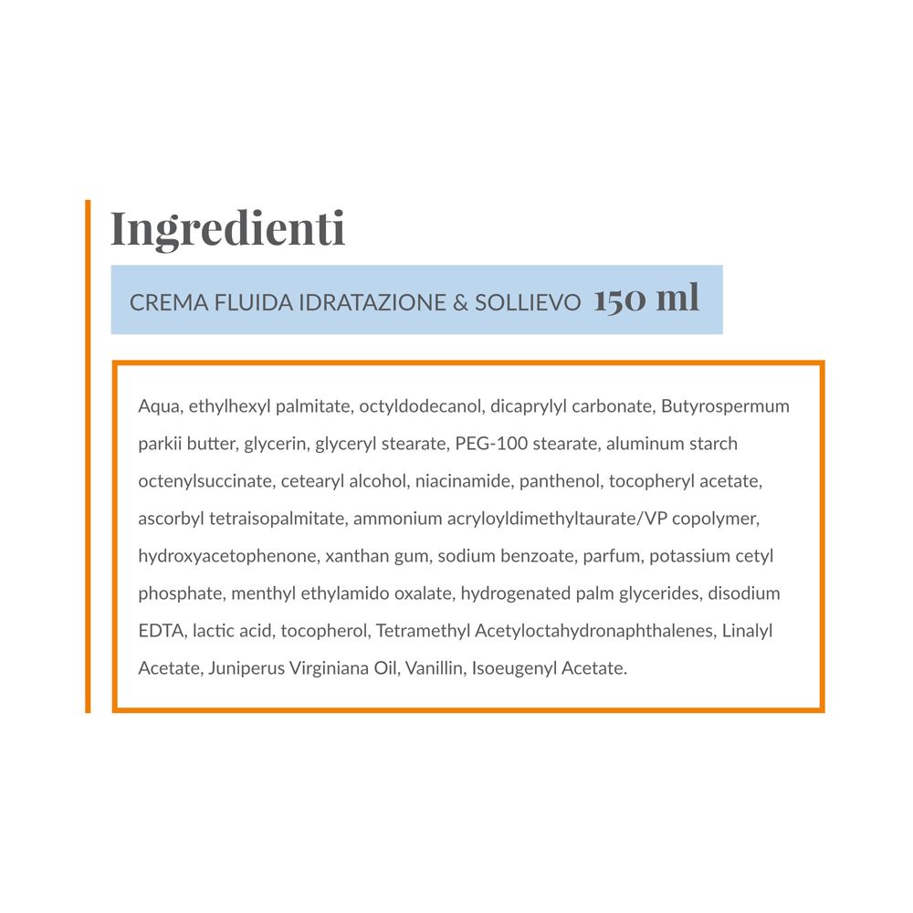 Elenco degli ingredienti. Testo: Creme Fluida Idratatione & Sollievo. 150 ml. Contiene Aqua, ecc.