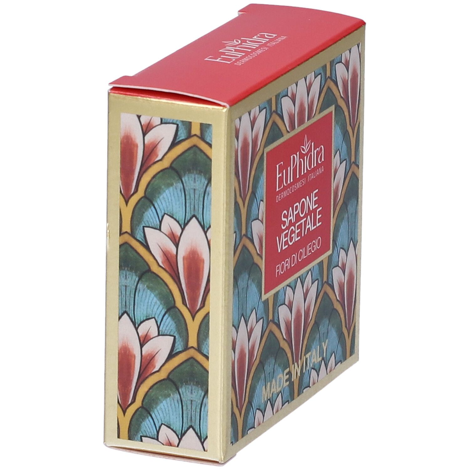Scatola con motivo floreale. Scritta rossa: Euphidra, Sapone Vegetale Fiori di Ciliegio. Made in Italy.