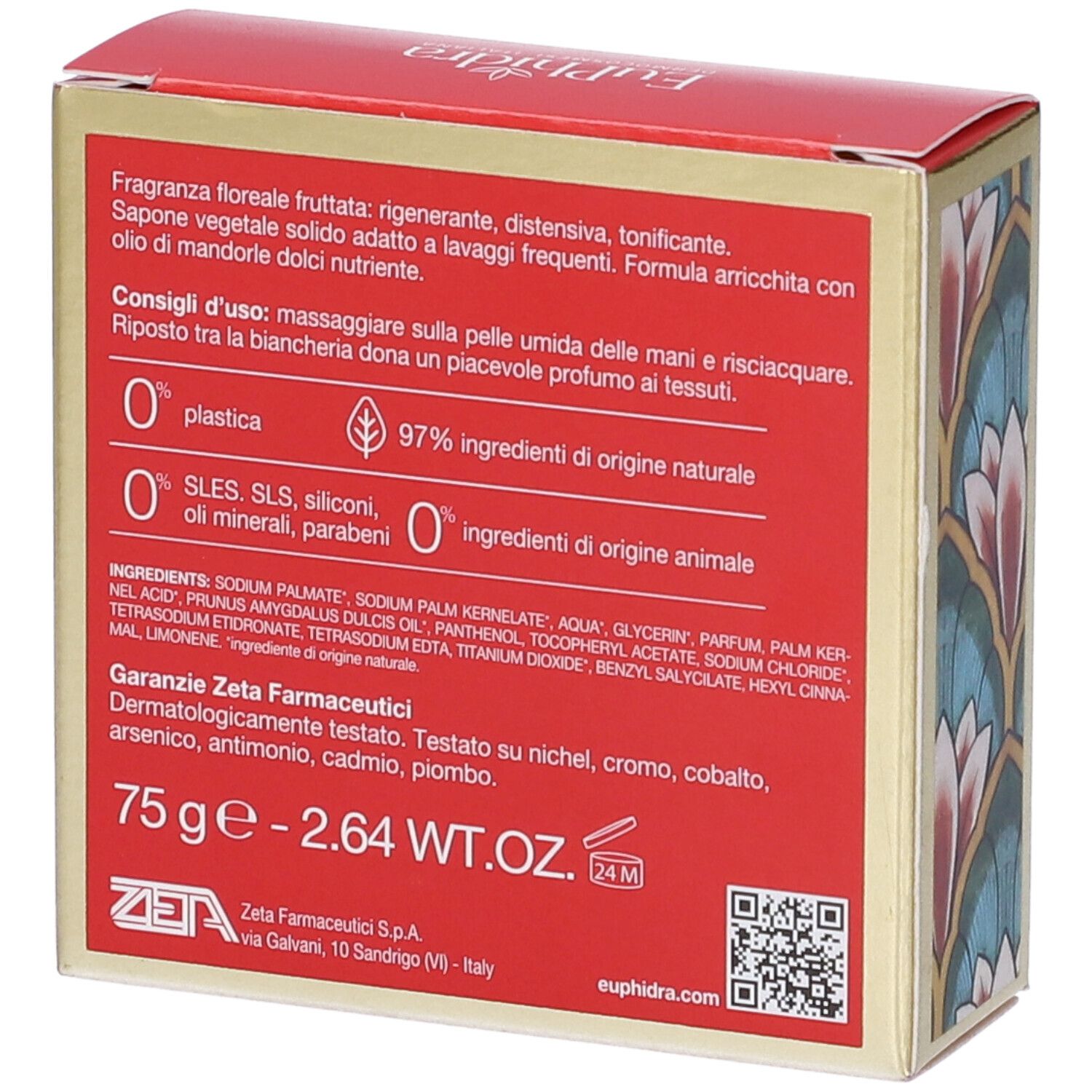 Confezione rossa con testo. Contiene informazioni sugli ingredienti e le certificazioni. 75g - 2.64 WT.OZ. Zeta Farmaceutici.