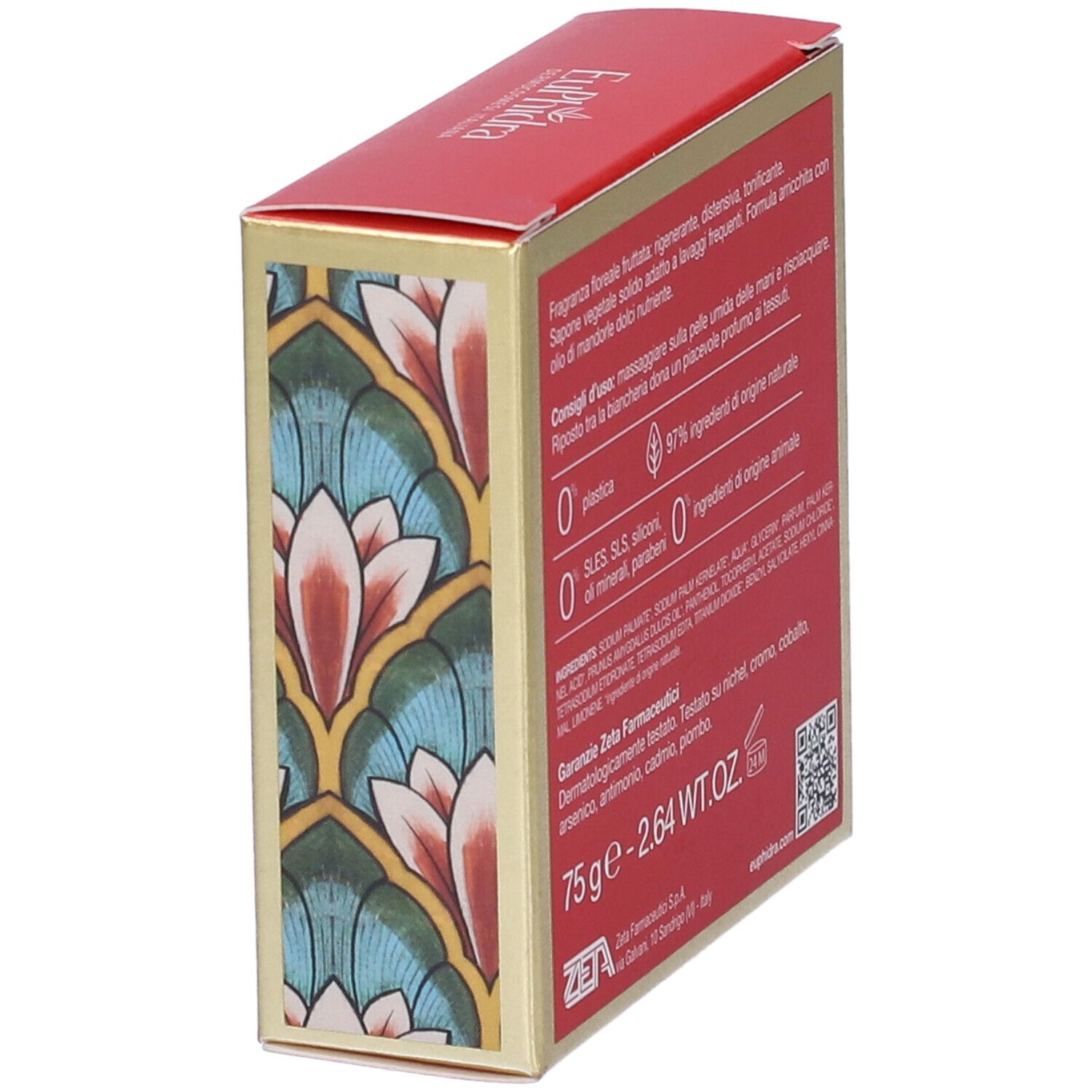 Scatola con motivo floreale e testo rosso. Contiene informazioni sugli ingredienti e le certificazioni. 75g - 2.64 WT.OZ.