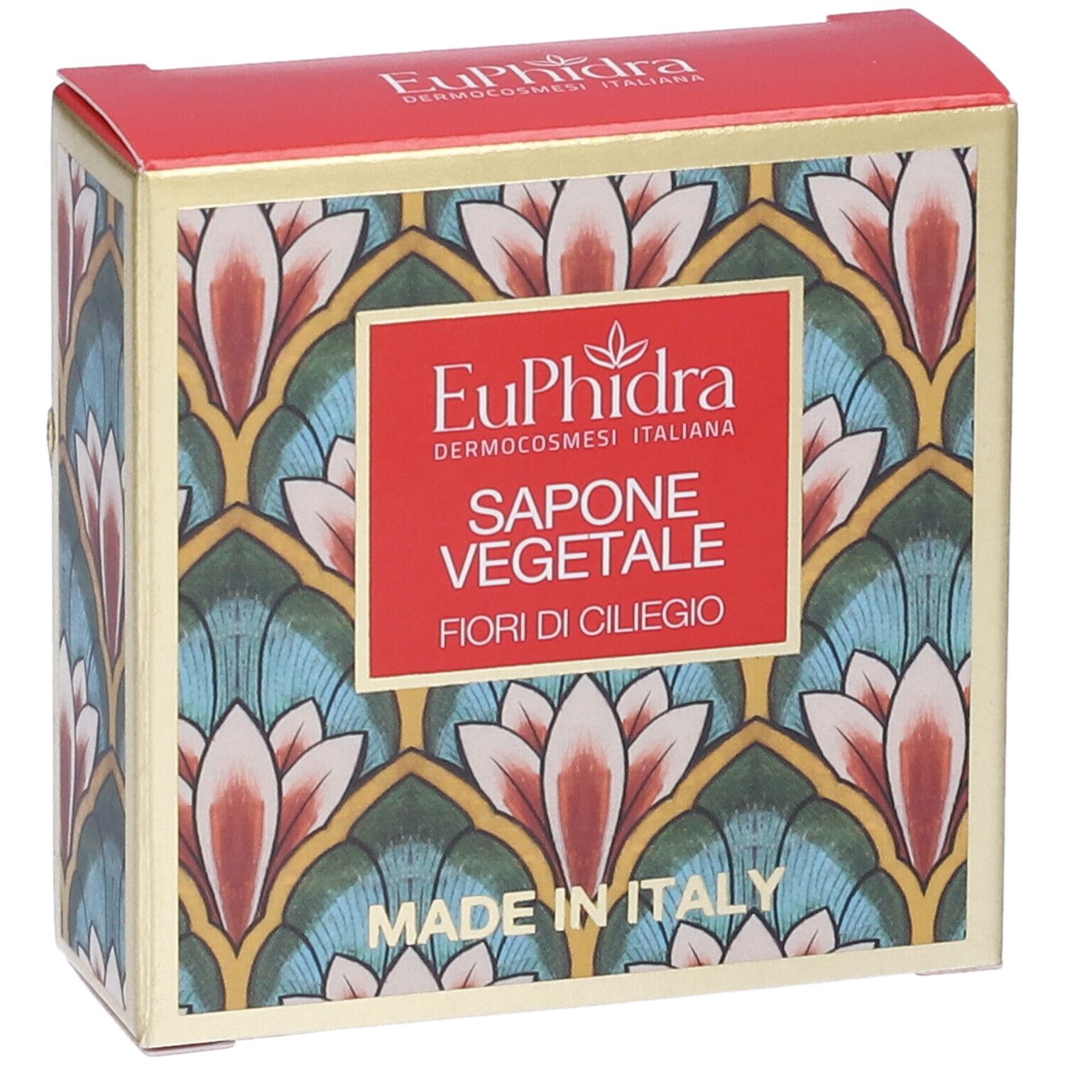 Confezione con motivo floreale. Scritta rossa: Euphidra, Sapone Vegetale Fiori di Ciliegio. Made in Italy.