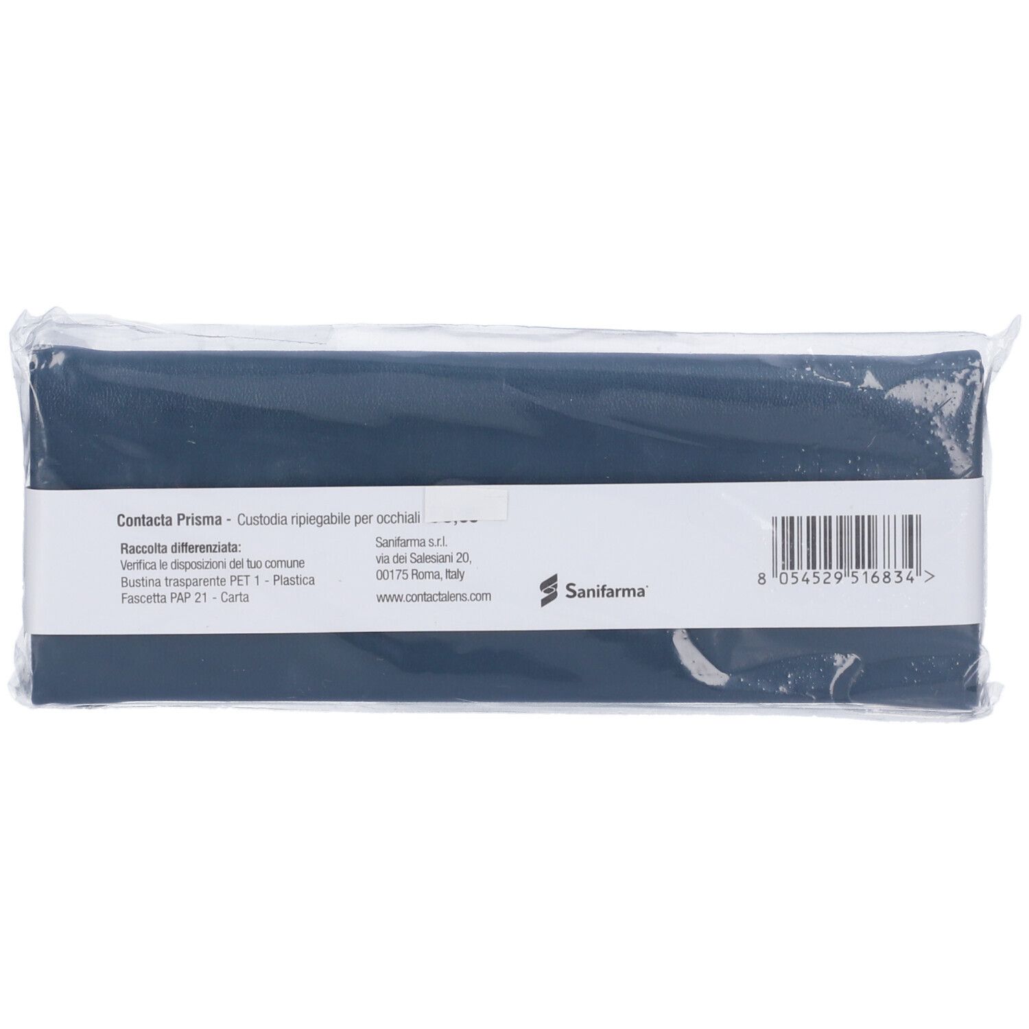 Astuccio blu rettangolare in plastica. Etichetta con testo e codice a barre. Marchio Sanifarma.
