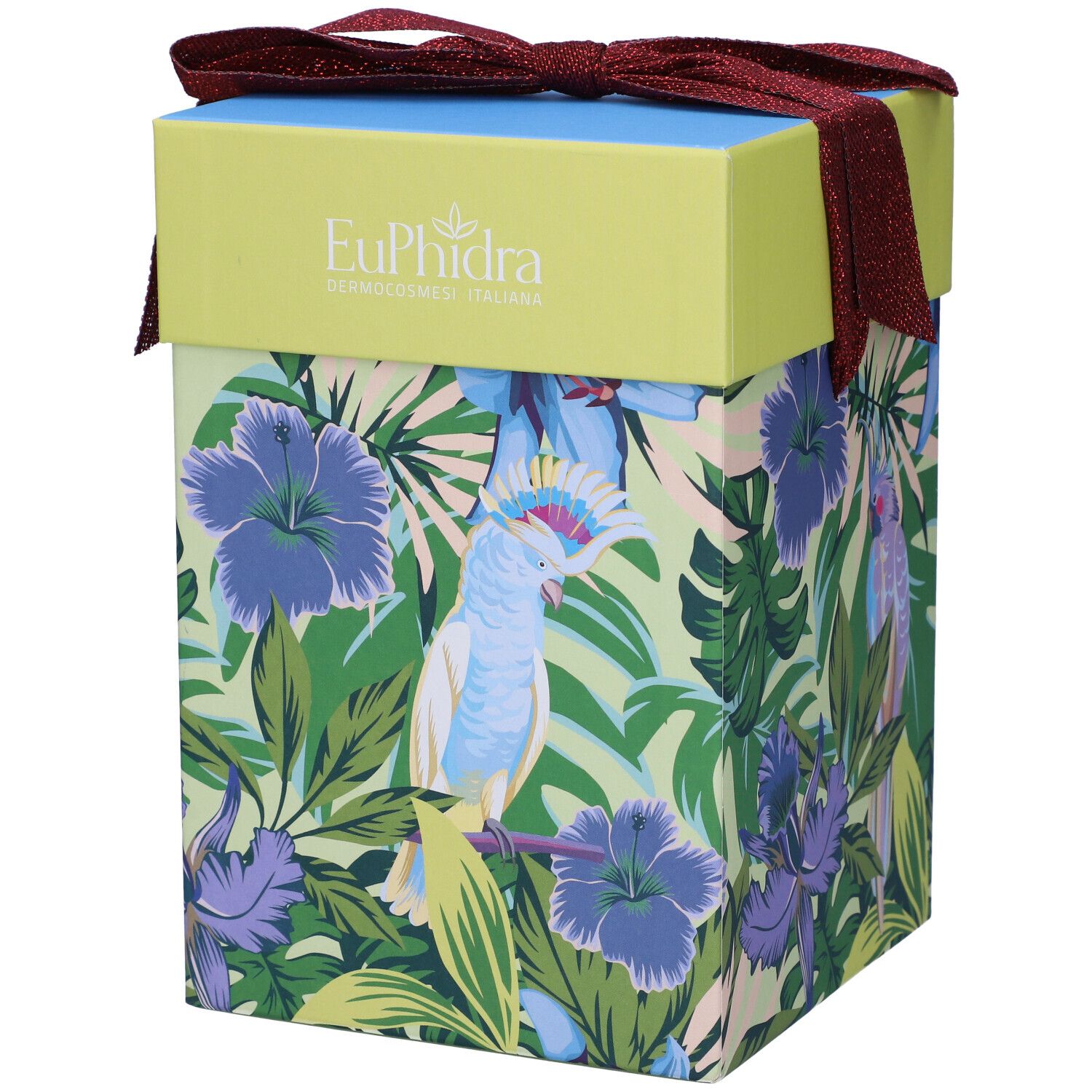 Confezione regalo con motivo tropicale, pappagallo e fiori. Scritta Euphidra. Fiocco rosso.