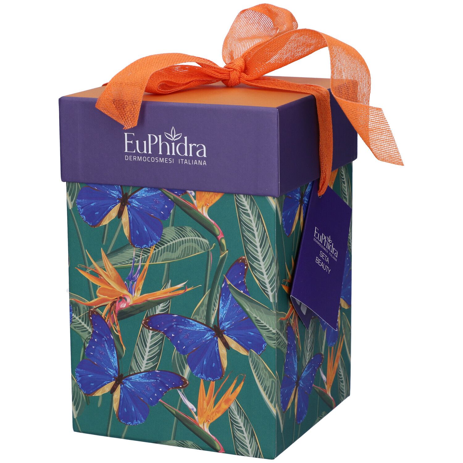Confezione regalo con motivo farfalle e fiocco. Scritta: Euphidra Dermocosmesi Italiana.