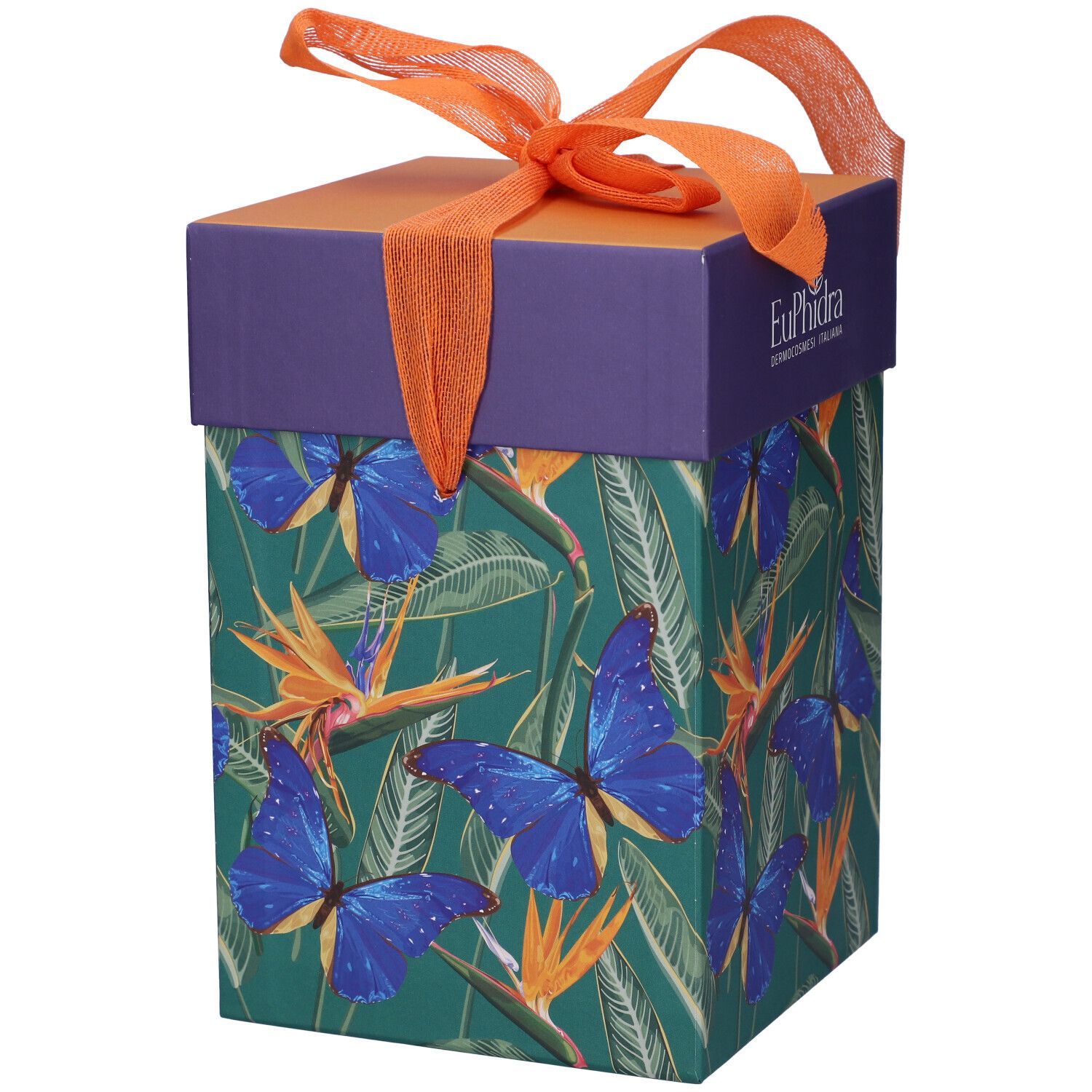 Confezione regalo con motivo farfalle e fiocco. Scritta: Euphidra Dermocosmesi Italiana.