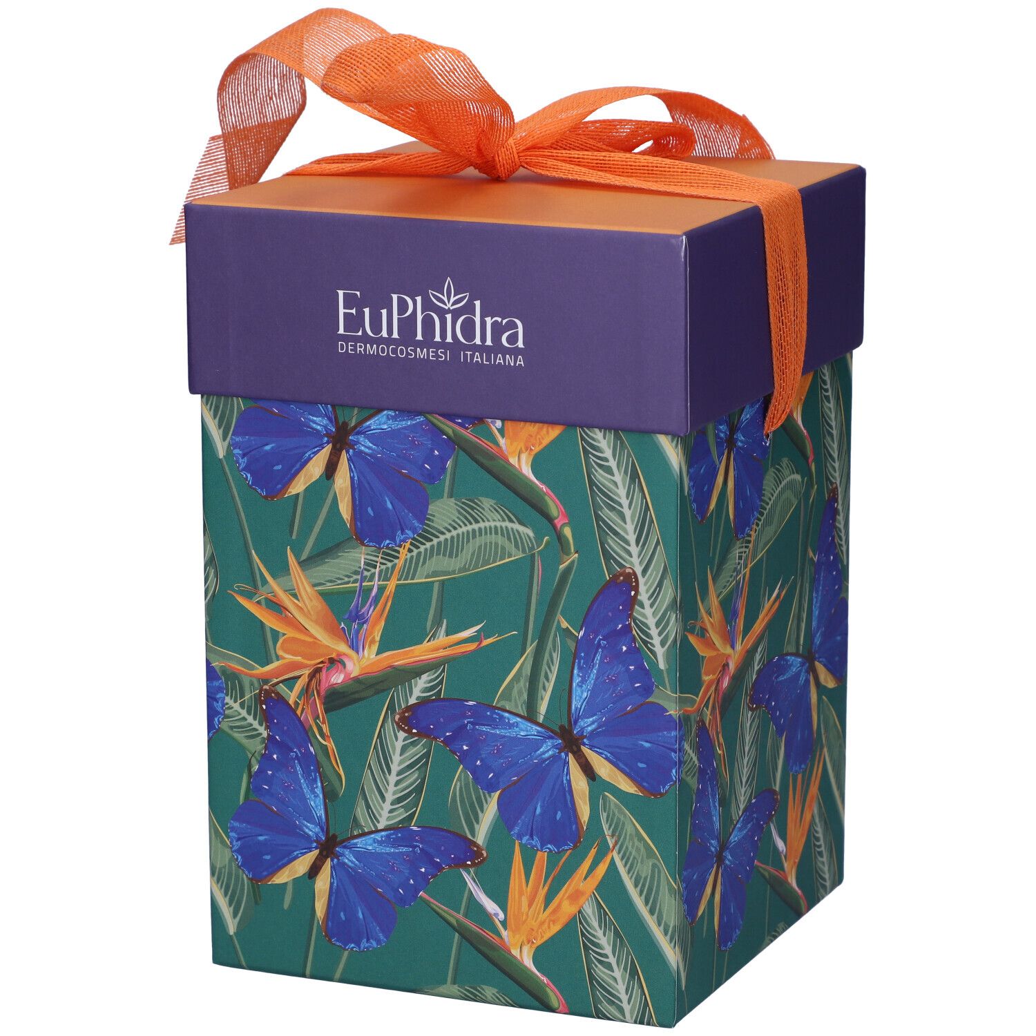 Confezione regalo con motivo farfalle e fiocco. Scritta: Euphidra Dermocosmesi Italiana.
