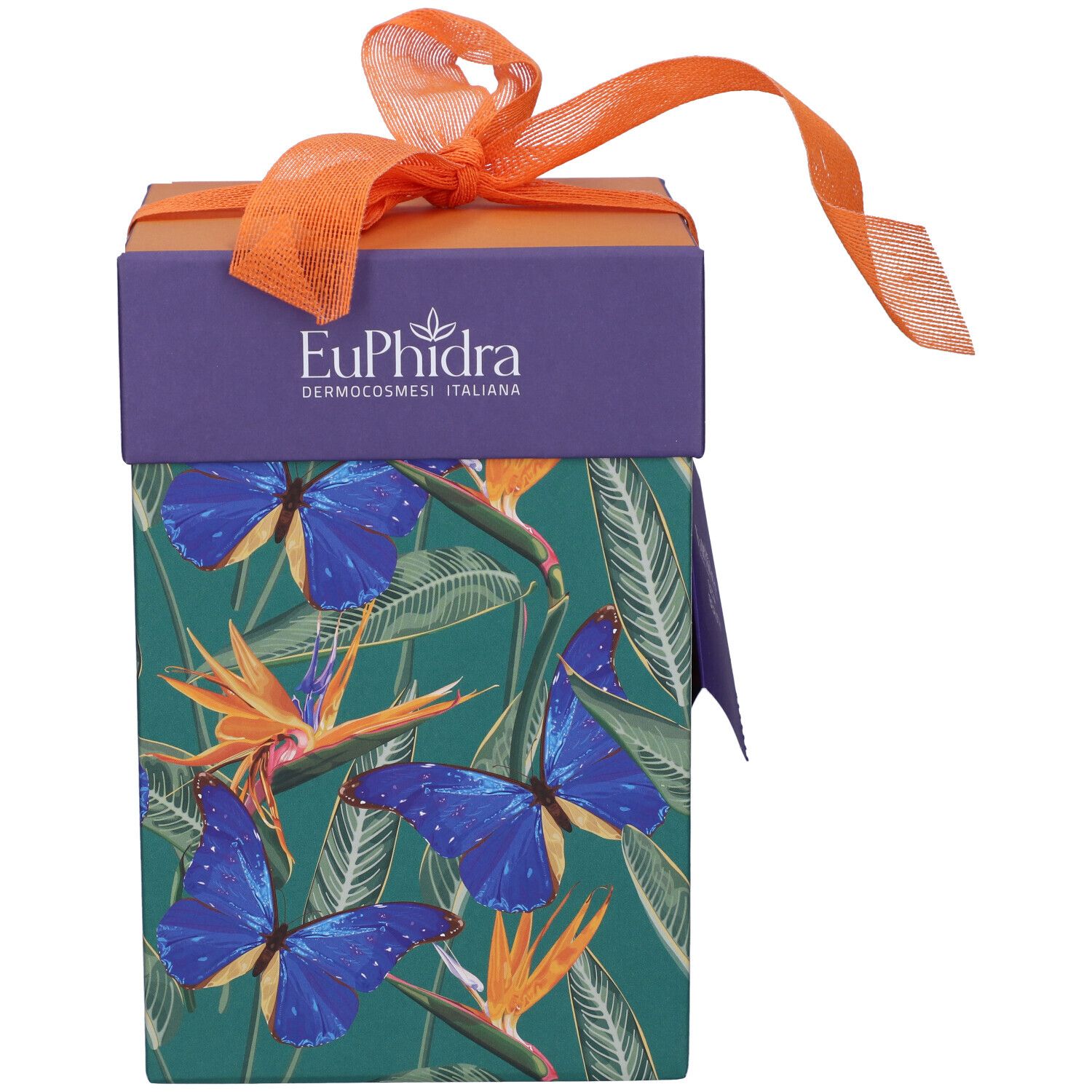 Confezione regalo con motivo farfalle e fiocco. Scritta: Euphidra Dermocosmesi Italiana.