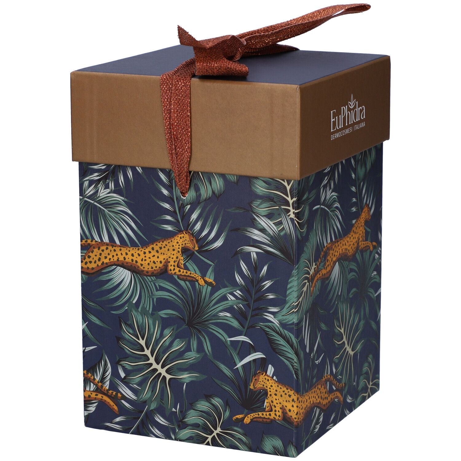 Confezione regalo con stampa leopardo e fiocco. Scritta: Euphidra Dermocosmesi Italiana.