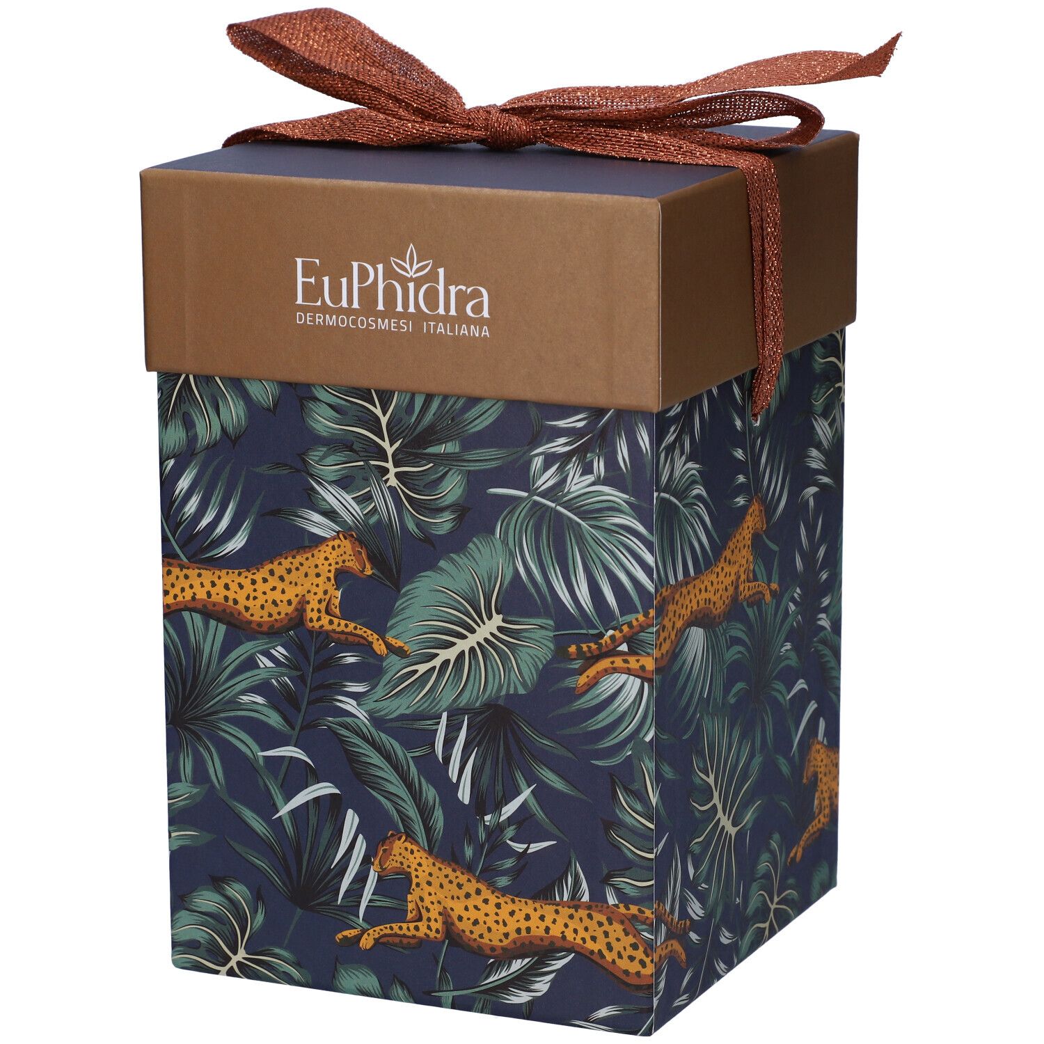 Confezione regalo con stampa leopardo e fiocco. Scritta: Euphidra Dermocosmesi Italiana.