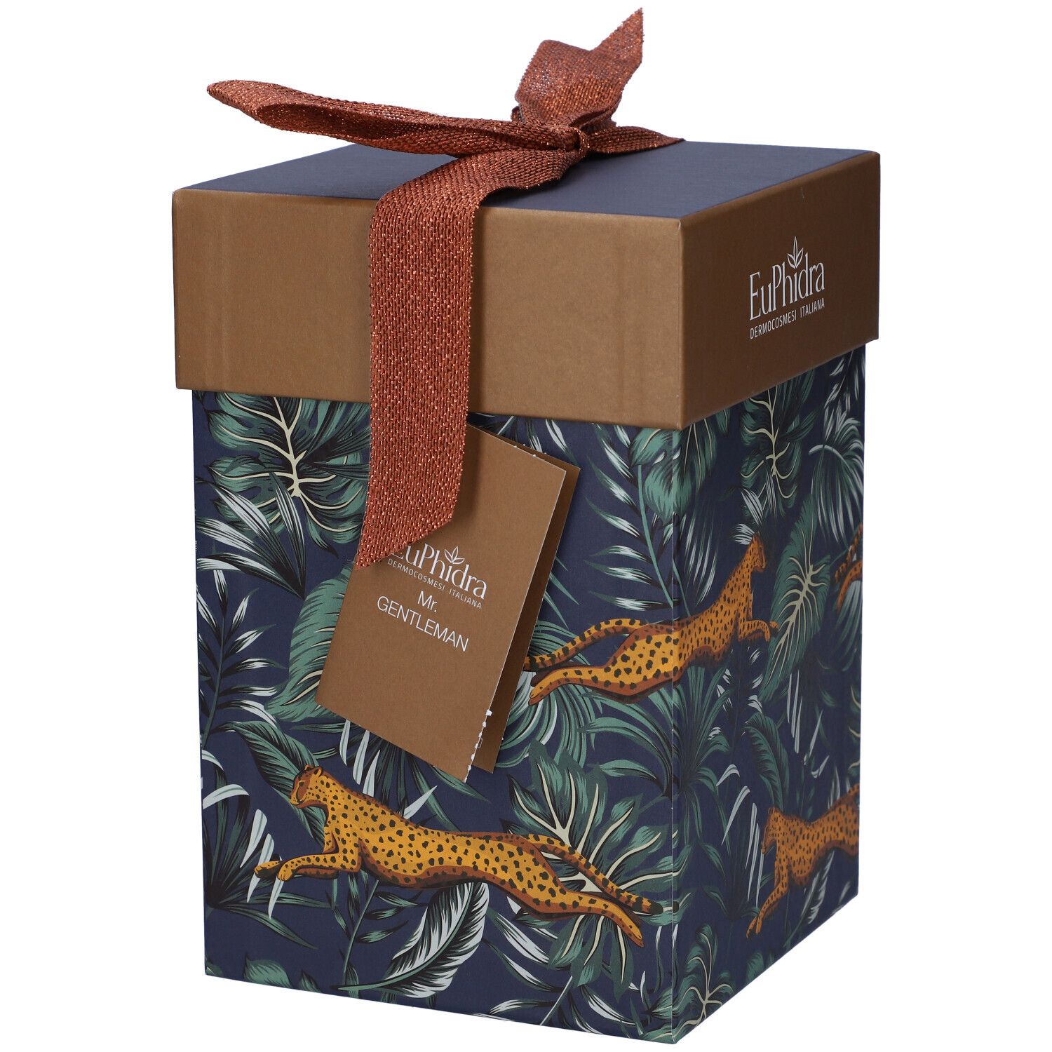 Confezione regalo con stampa leopardo e fiocco. Etichetta: Mr. Gentleman. Scritta: Euphidra Dermocosmesi Italiana.