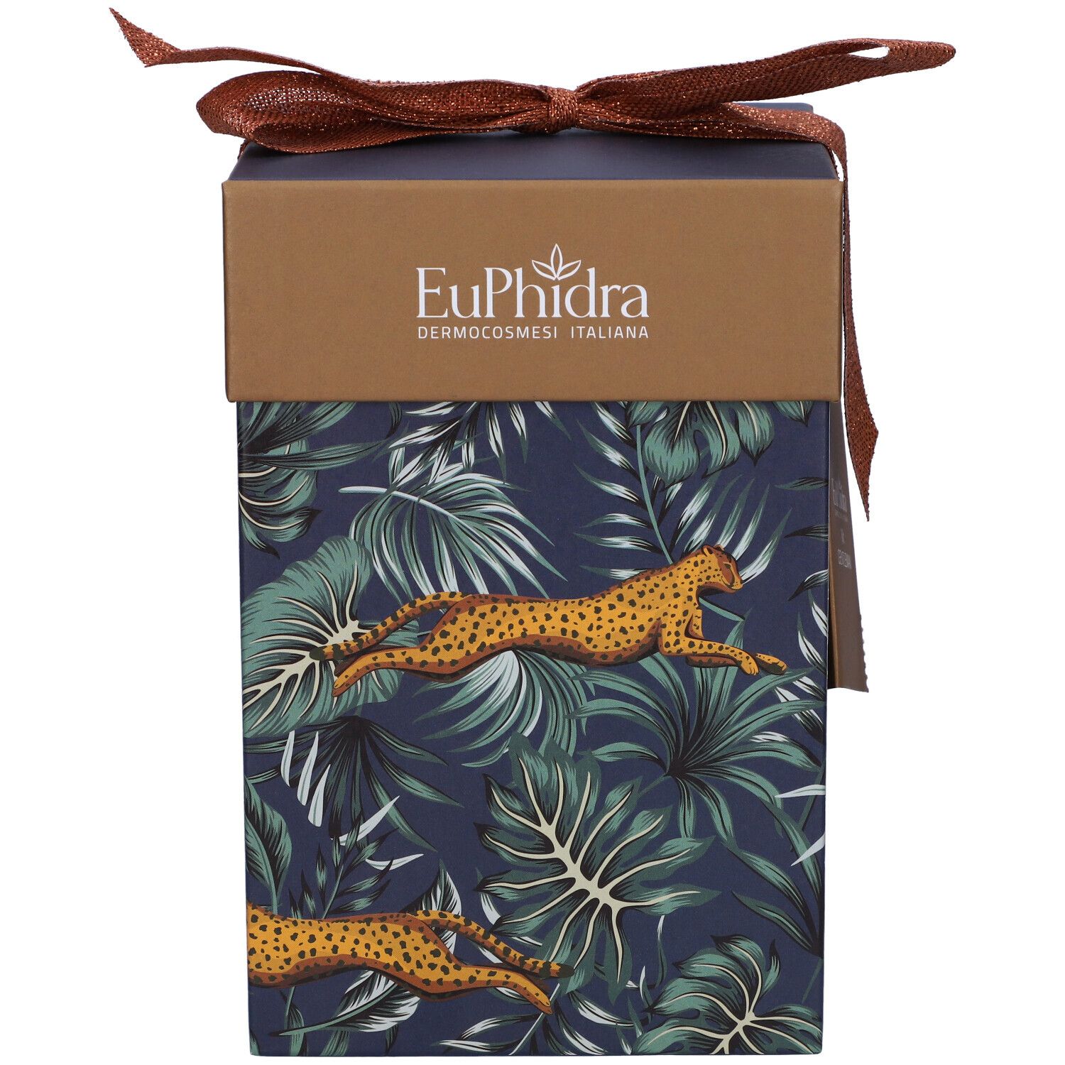 Confezione regalo con stampa leopardo e fiocco. Scritta: Euphidra Dermocosmesi Italiana.