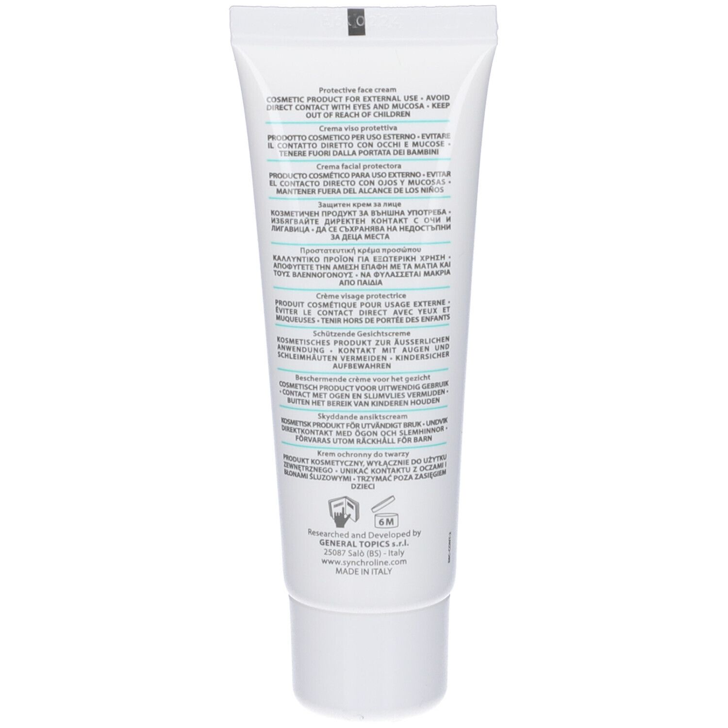 Retro del tubo bianco. Testo multilingue. Informazioni sul produttore e simbolo 6M.