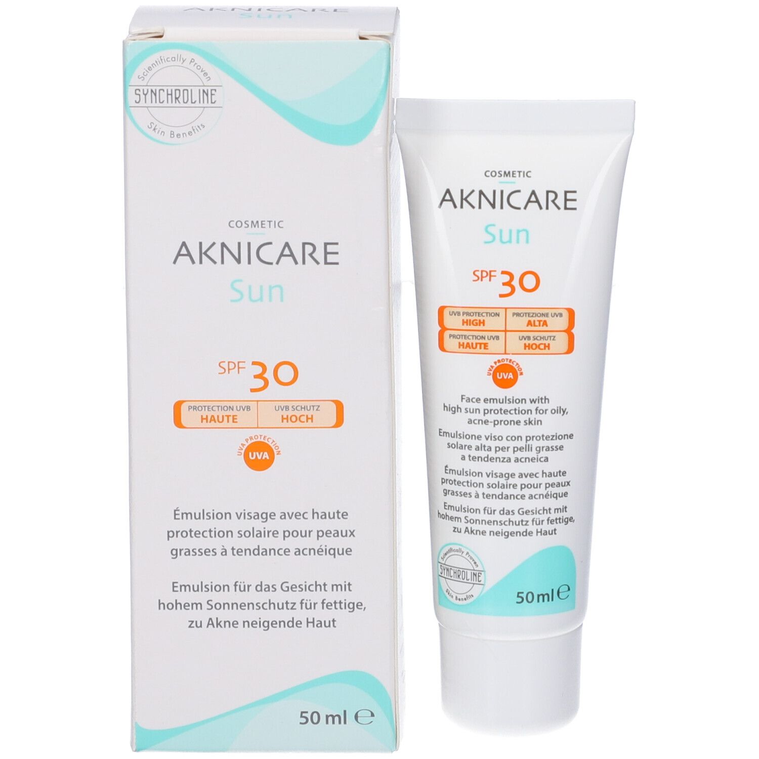 Tubo e scatola Aknicare Sun SPF 30. Testo: UVA, alta protezione UV. 50 ml. Per pelli grasse a tendenza acneica.