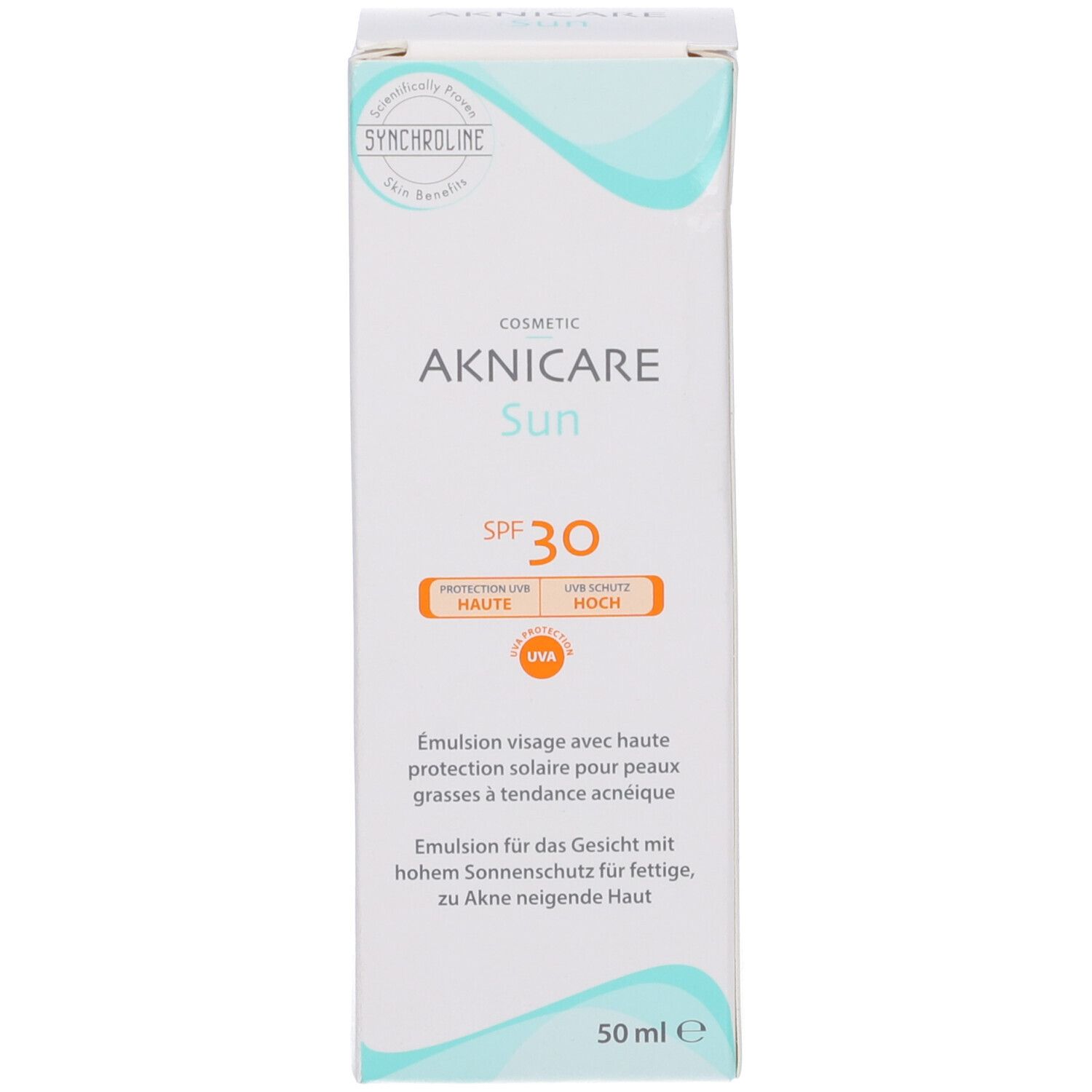 Scatola bianca Aknicare Sun SPF 30. Testo: UVA, alta protezione UV. 50 ml. Per pelli grasse a tendenza acneica.
