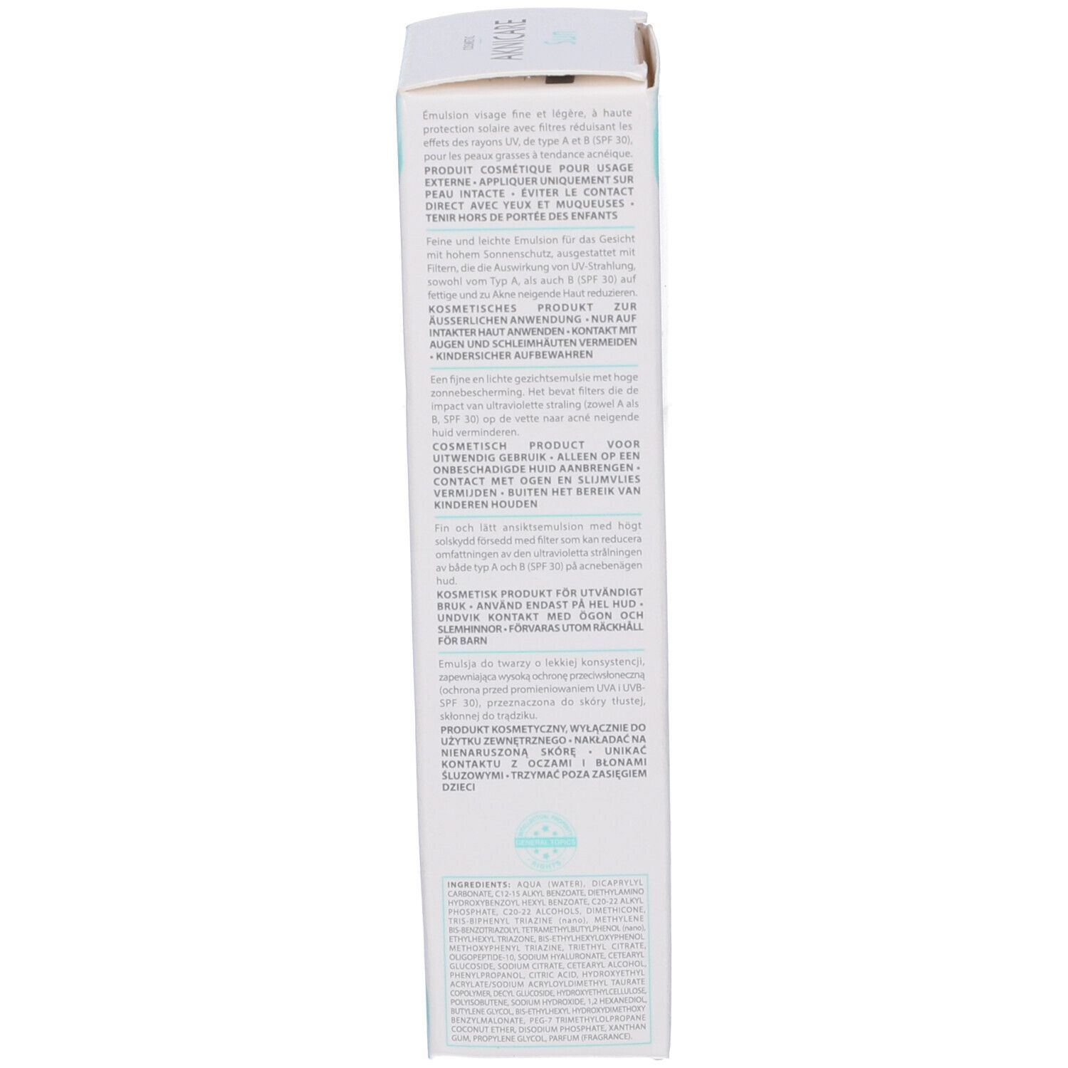 Retro della scatola bianca. Testo multilingue. Informazioni sul produttore e simbolo 6M.