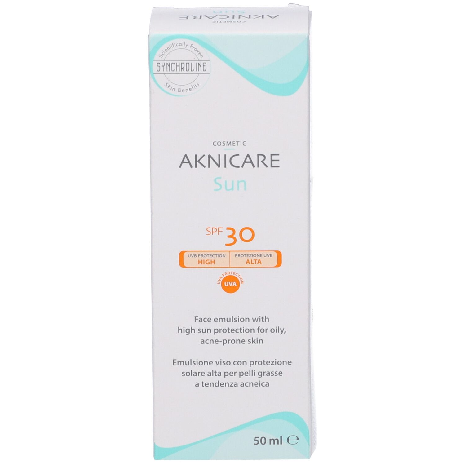 Scatola bianca Aknicare Sun SPF 30. Testo: UVA, alta protezione UV. 50 ml. Per pelli grasse a tendenza acneica.