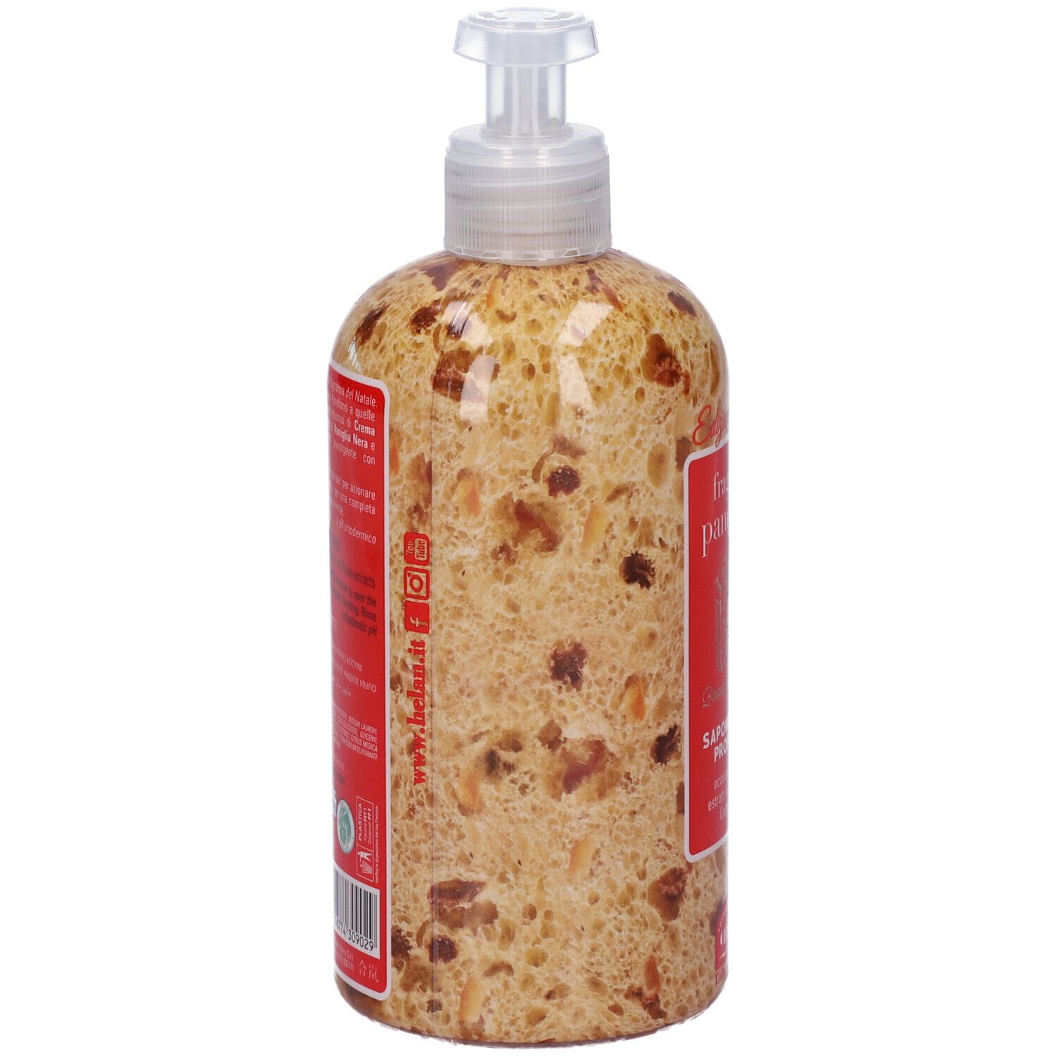 Sapone liquido profumato Panettone. Etichette rosse con informazioni prodotto. Erogatore trasparente.