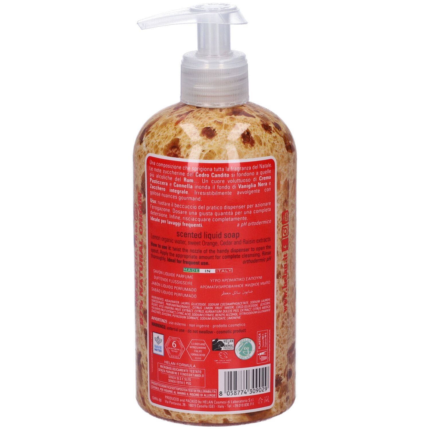 Sapone liquido profumato Panettone. Etichette rosse con informazioni prodotto. Erogatore trasparente.