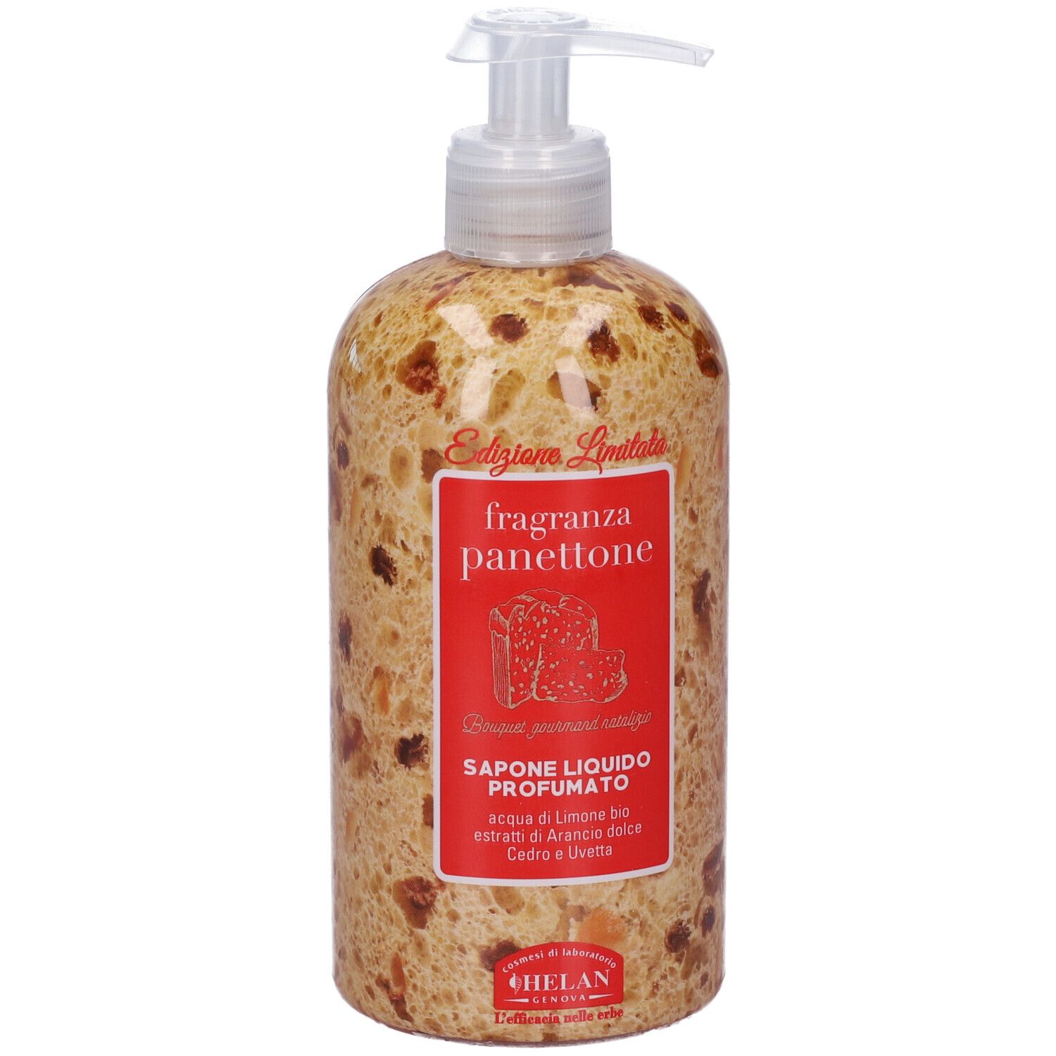 Sapone liquido profumato Panettone. Etichette rosse con informazioni prodotto. Erogatore trasparente.