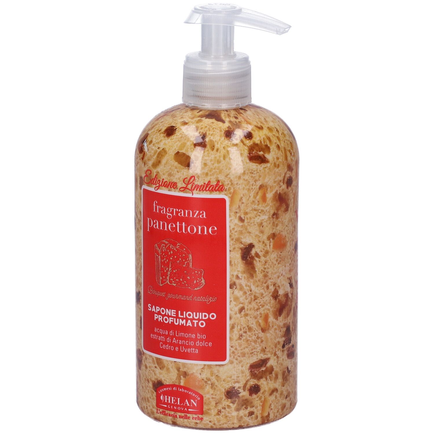 Sapone liquido profumato Panettone. Etichette rosse con informazioni prodotto. Erogatore trasparente.