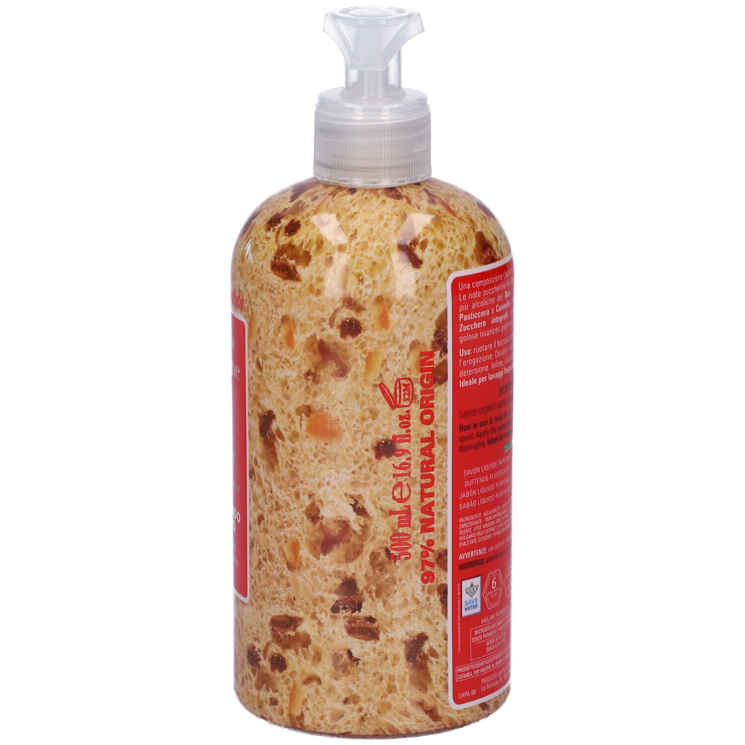 Sapone liquido profumato Panettone. Etichette rosse con informazioni prodotto. Erogatore trasparente.