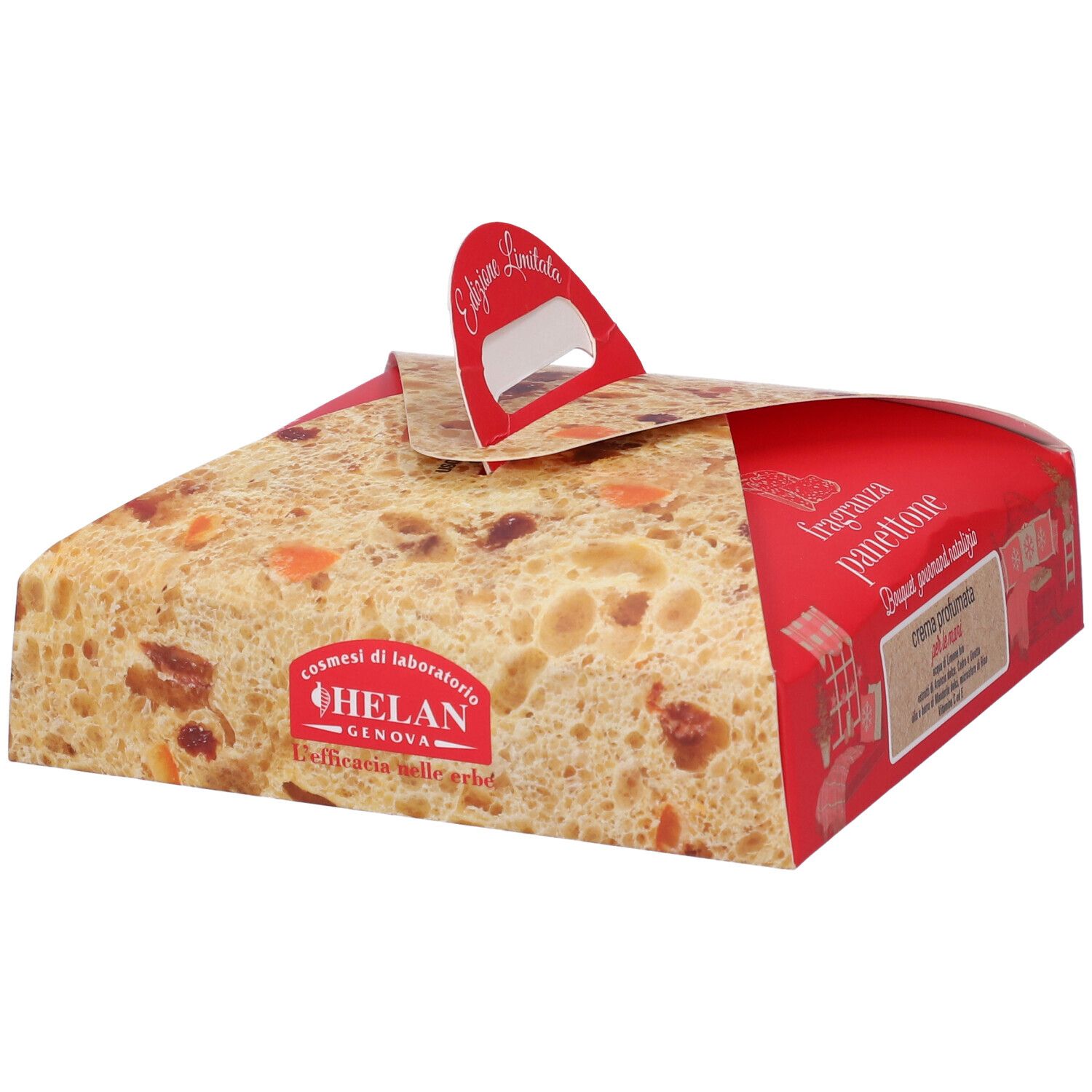 Scatola panettone con manico, vista dall'alto. Testo: Edizione Limitata, Fragranza Panettone, Helan, Genova.