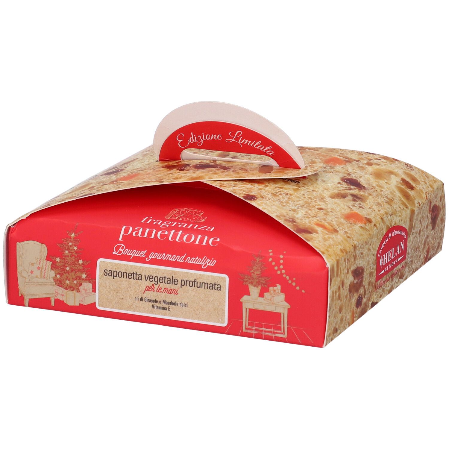 Scatola regalo rossa con motivo panettone e manico. Testo: Edizione Limitata, Fragranza Panettone, Bouquet gourmand natalizio, saponetta vegetale profumata.