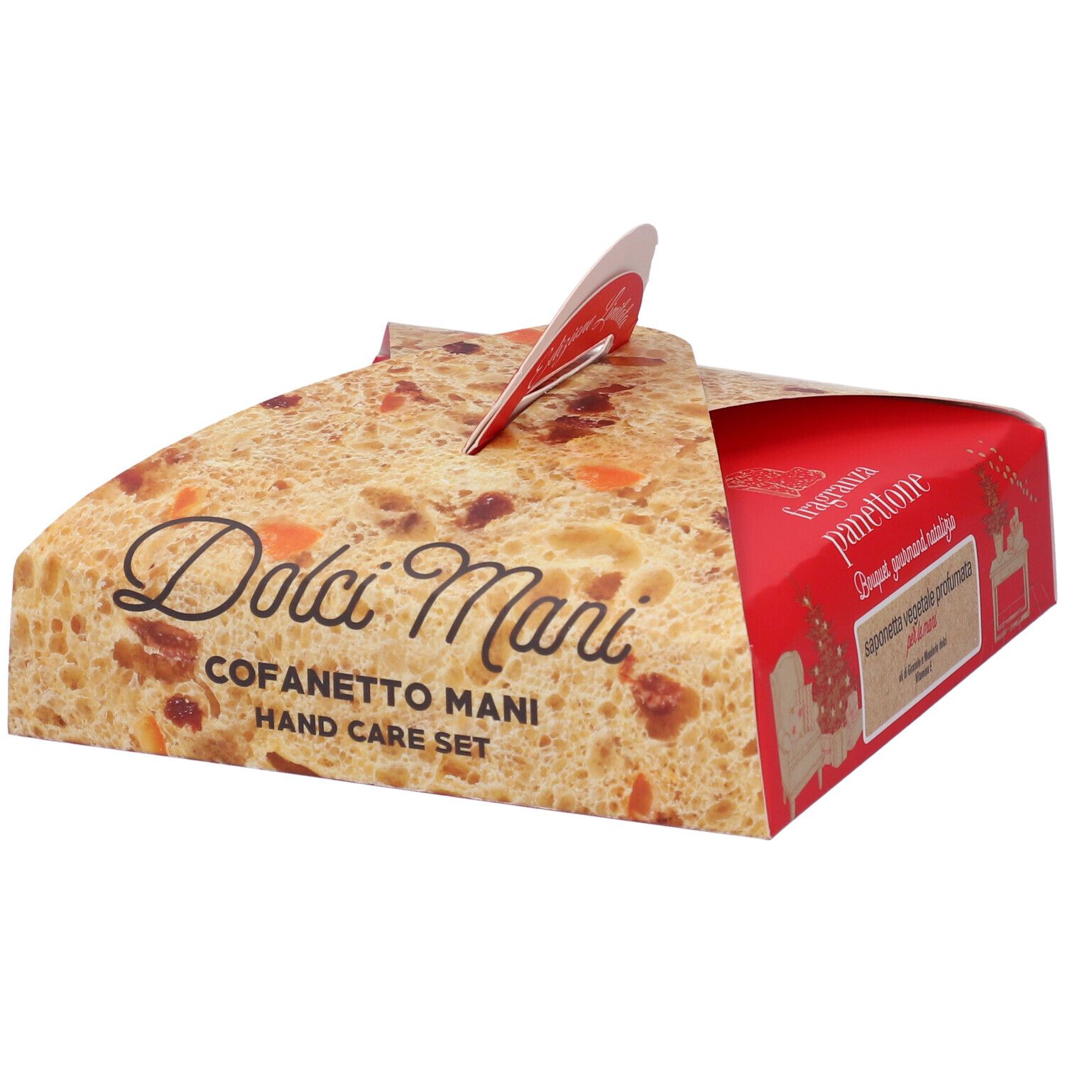 Scatola panettone con manico. Testo: Dolci Mani, Cofanetto Mani, Hand Care Set, Fragranza Panettone, Bouquet gourmand natalizio, saponetta vegetale profumata.