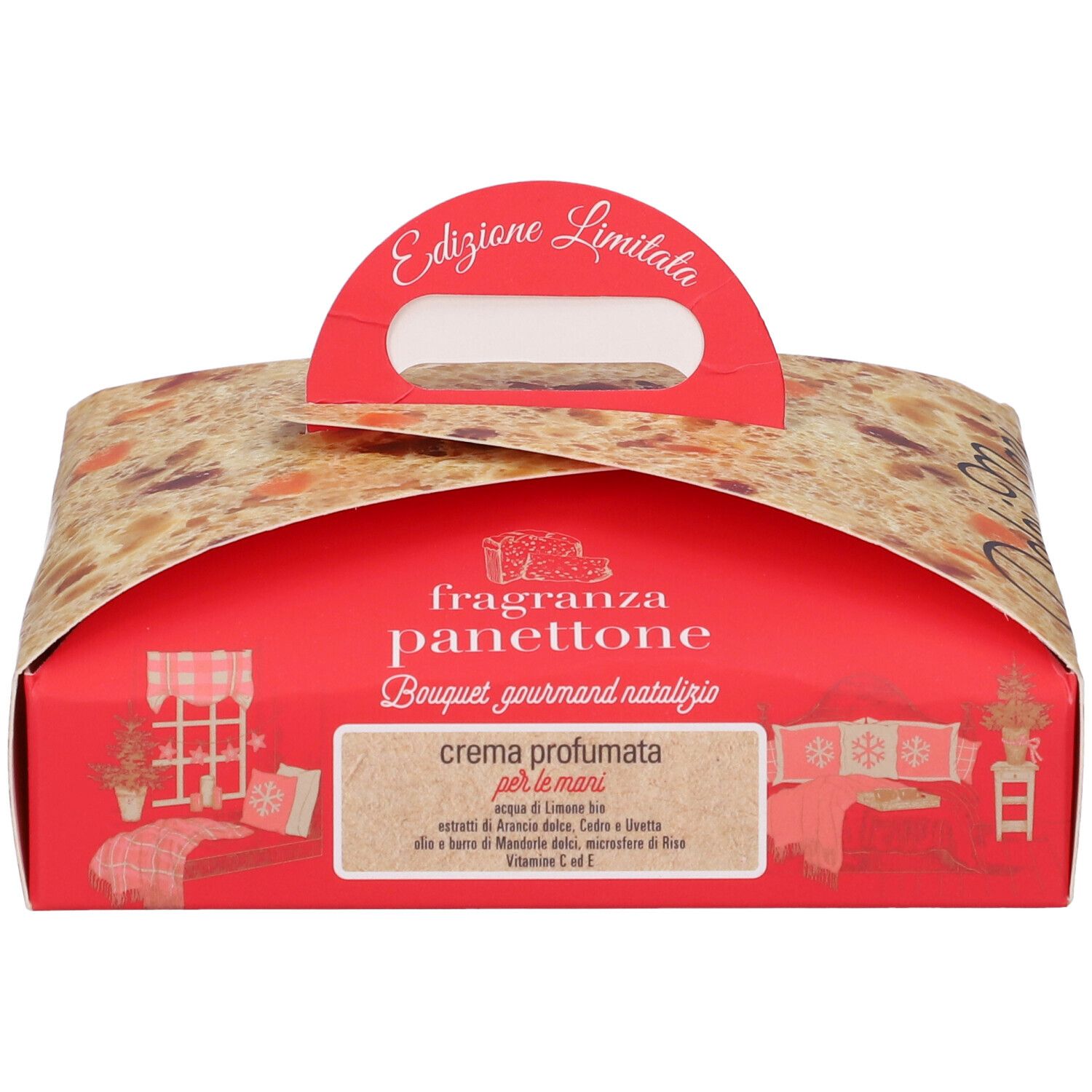 Scatola regalo rossa con motivo panettone e manico. Testo: Edizione Limitata, Fragranza Panettone, Bouquet gourmand natalizio, crema profumata per le mani.